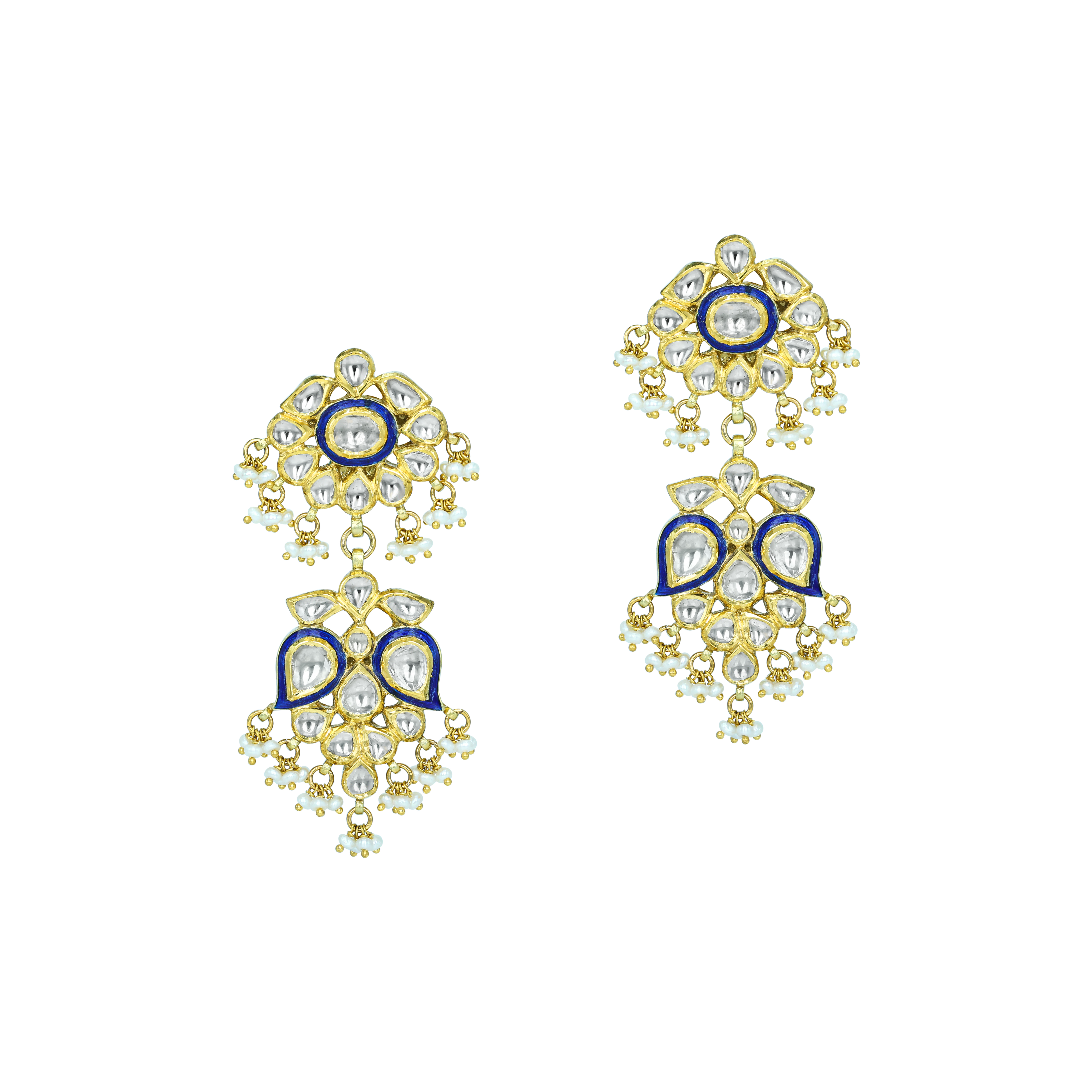 Polki Earrings with Blue Enamel and Cascading Pearls