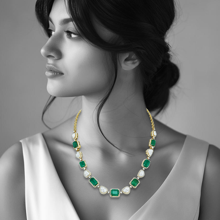 Convertible Polki Emerald Necklace-Bracelet with Diamond Halo