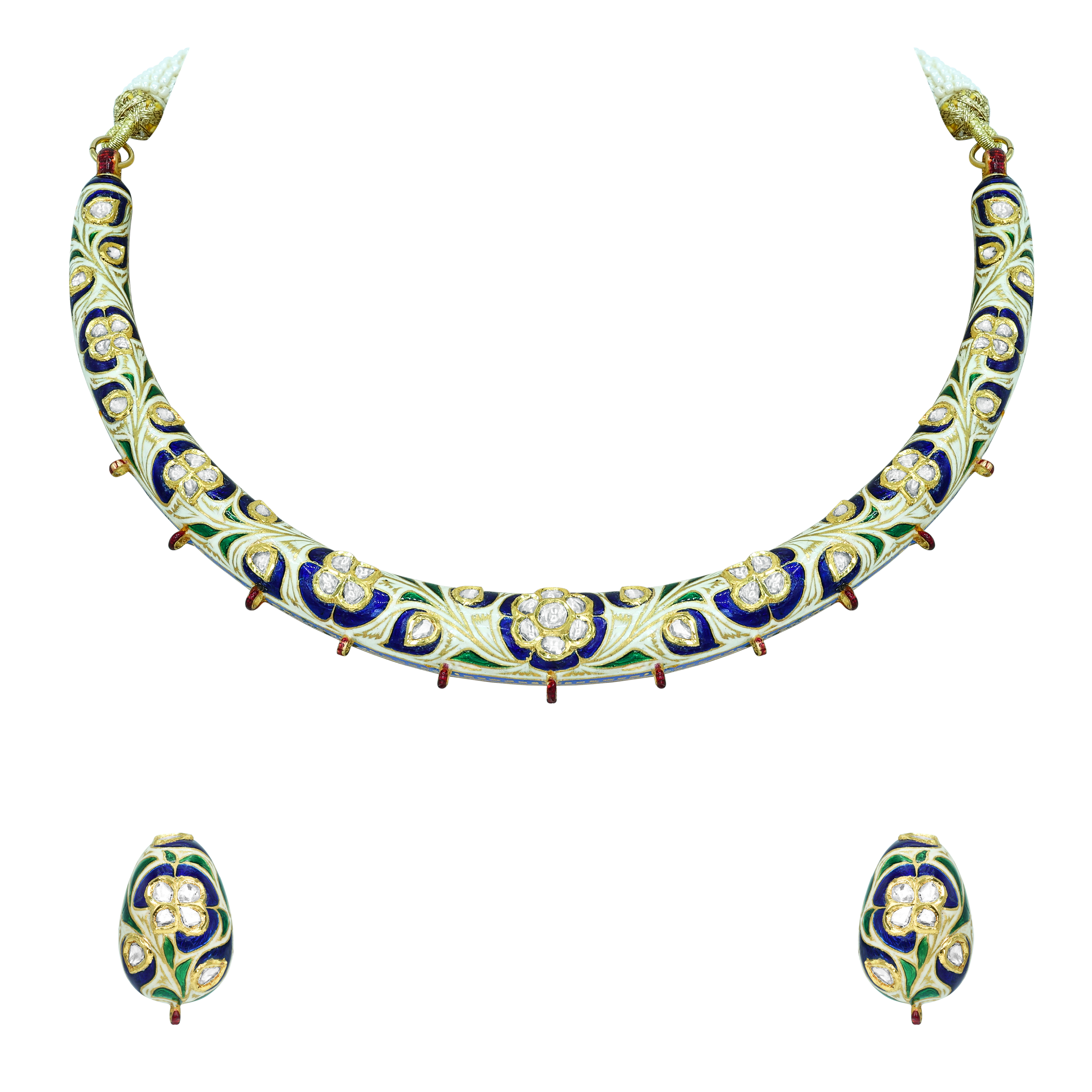 Blue Enamel Hasli Necklace Set with Polkis and Green Accents