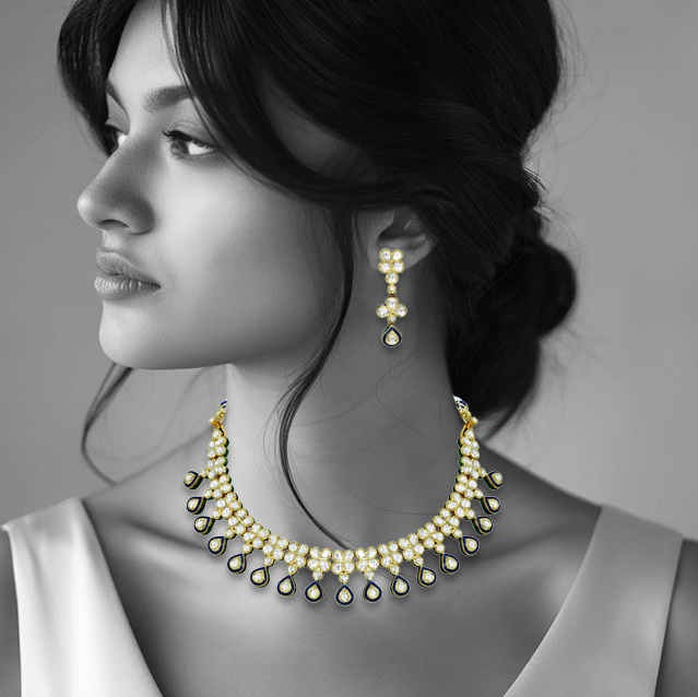 Polki Necklace with Blue Enamel and Drop Detailing