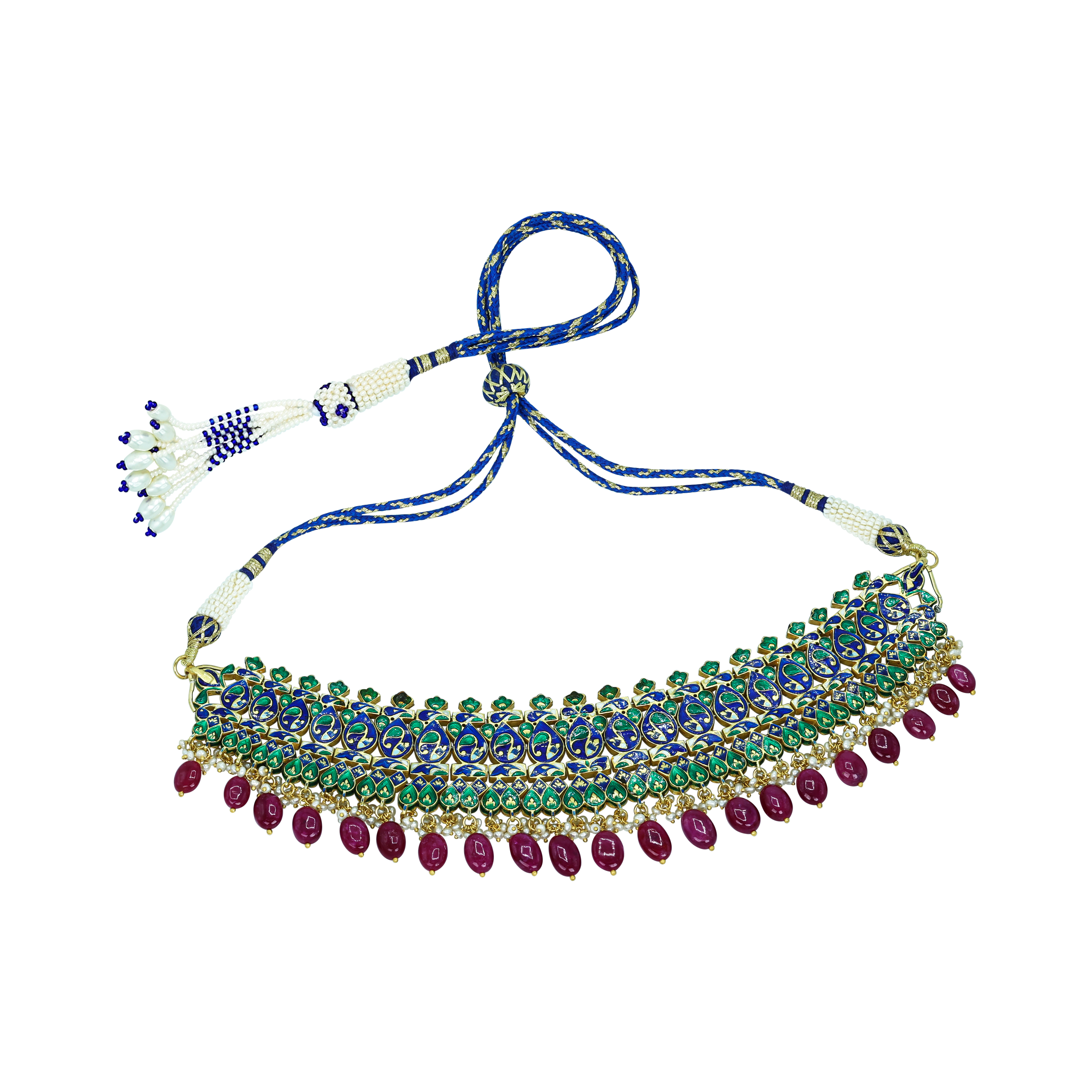 Regal Polki Choker with Blue Enamel and Ruby Tumbles