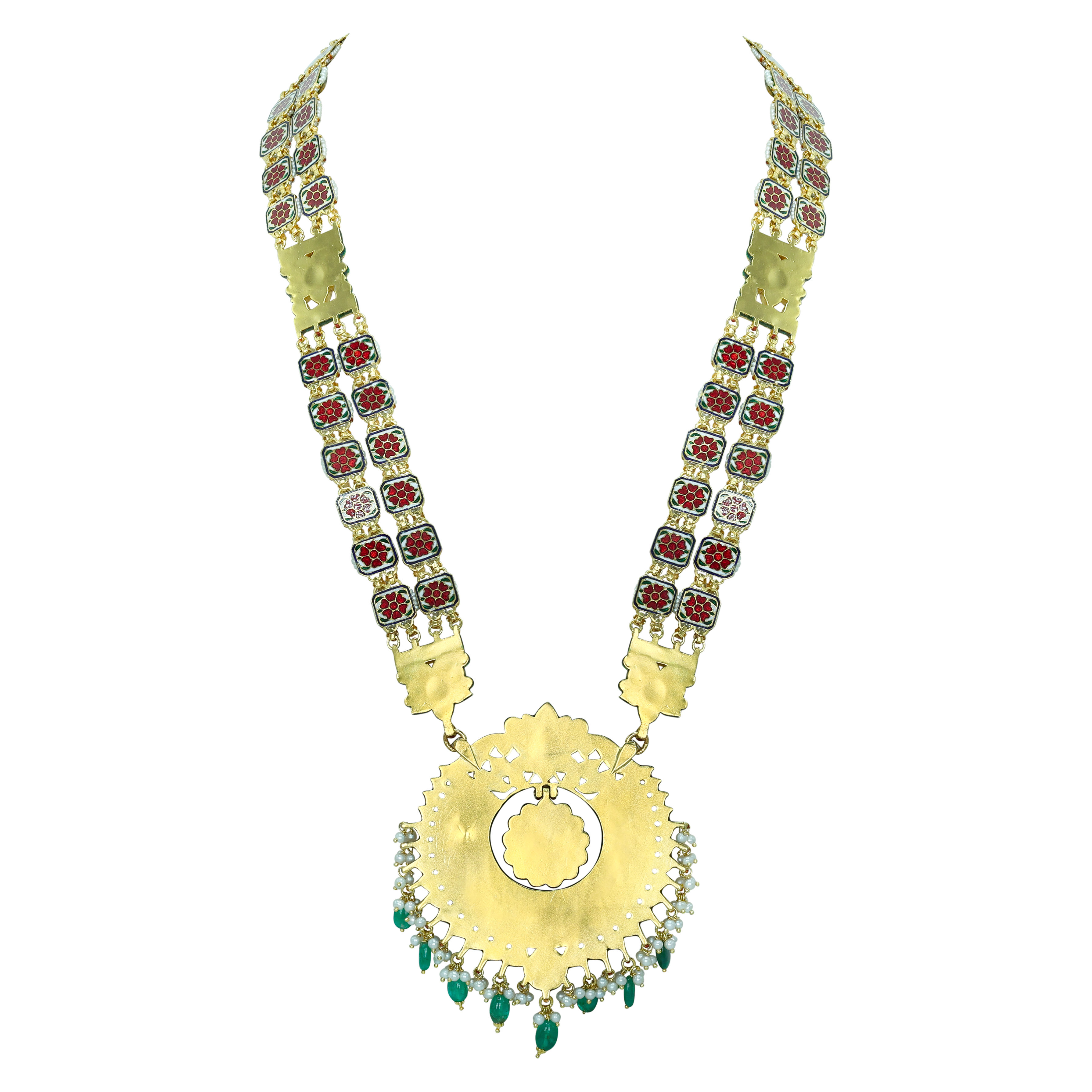 Green Enamel Polki Pendant with Emerald and Pearls