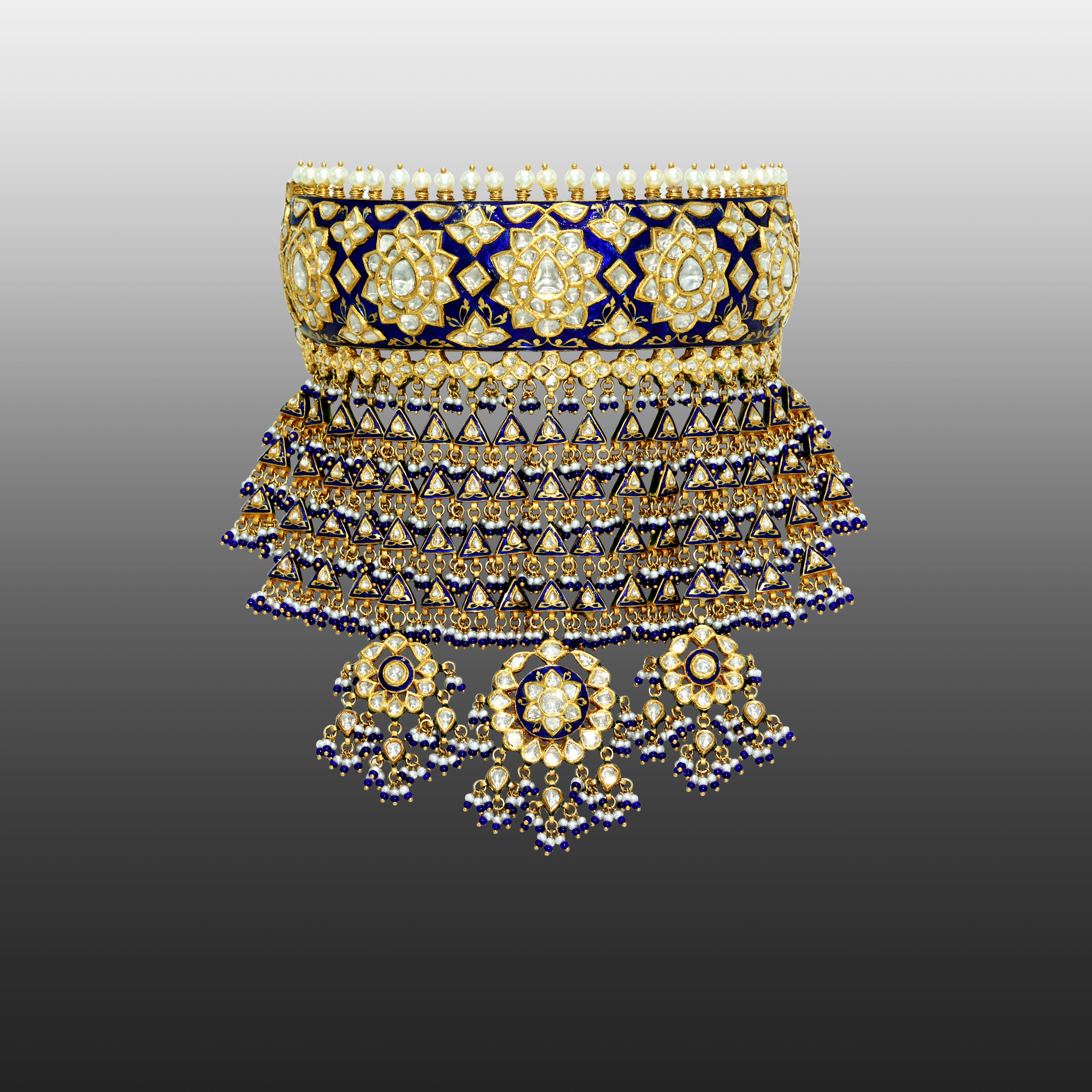 Aad Choker with Polki, Blue Meenakari, Pearls, and Beads