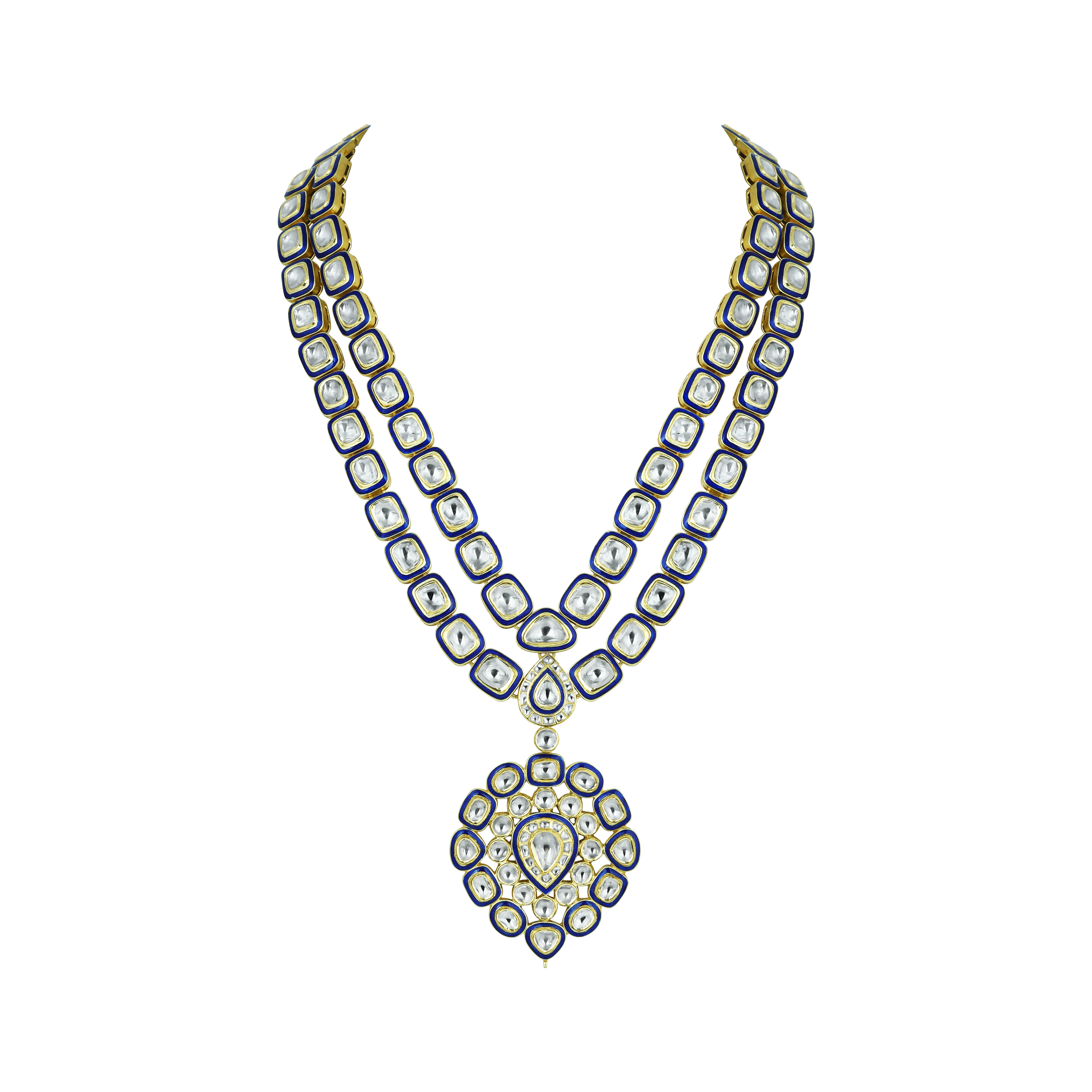 Dual-Layer Polki Necklace with Blue Enamel