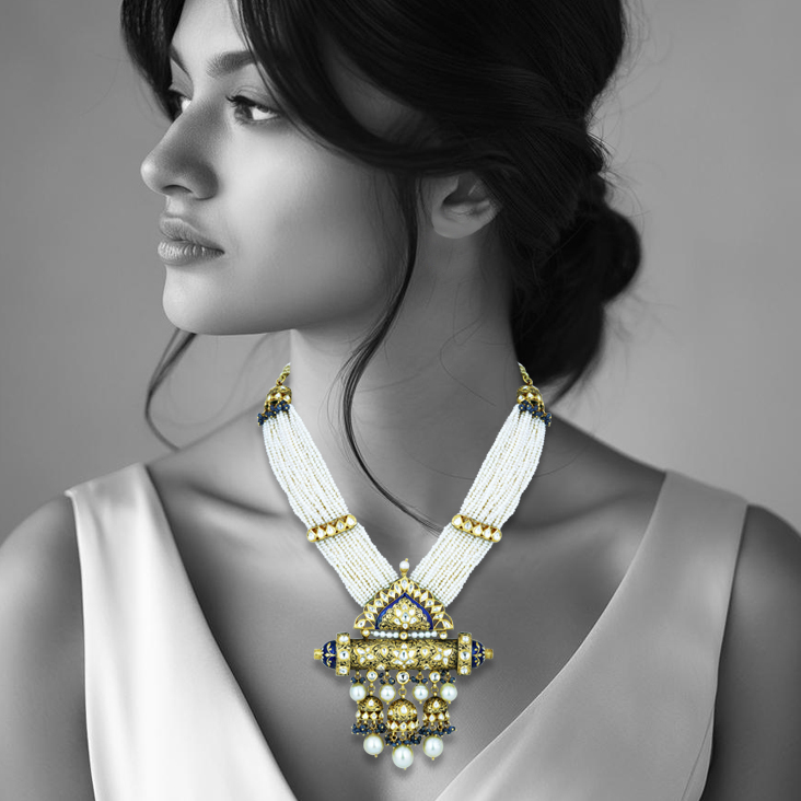 Pearl Strand Necklace with Polki Pendant and Blue Enamel