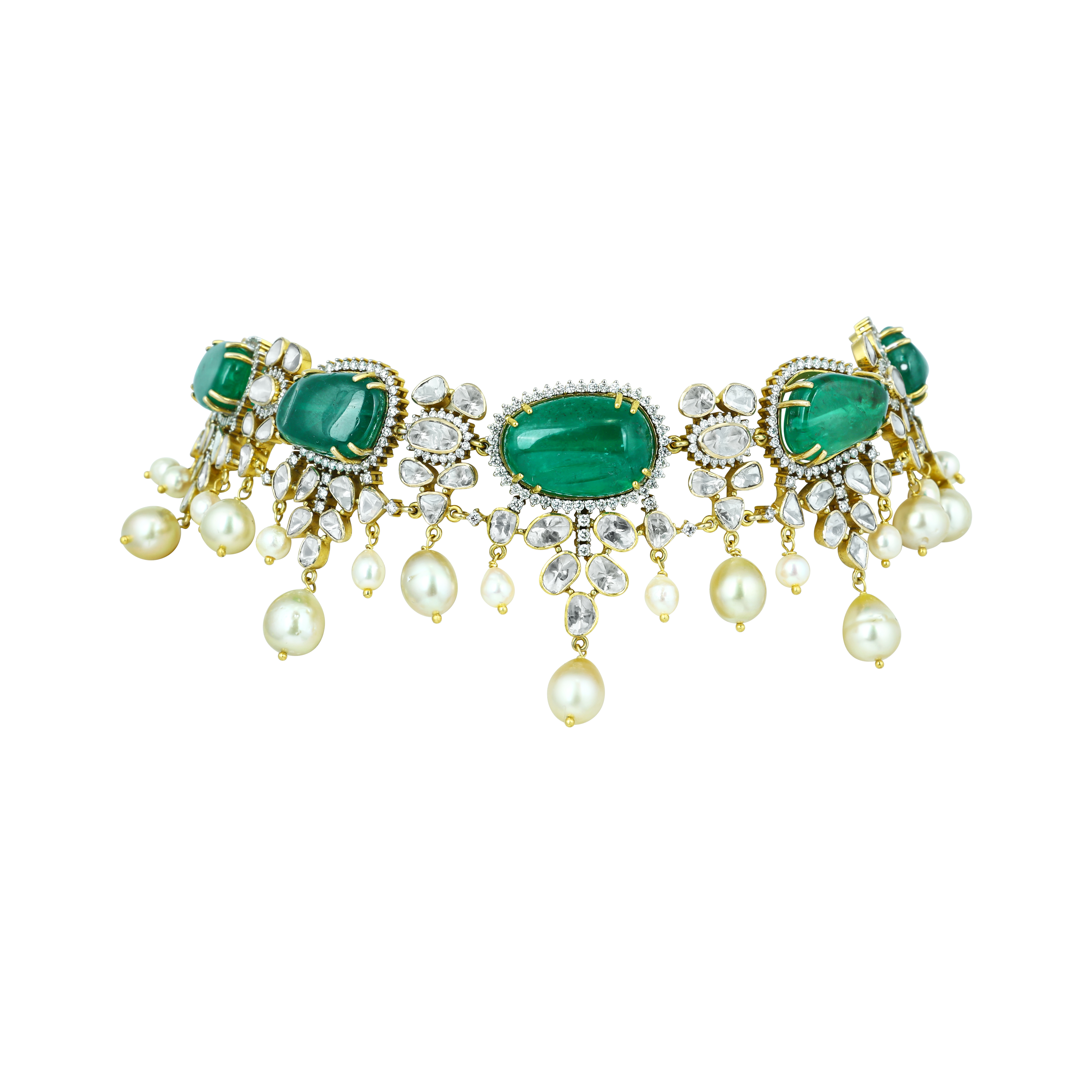 Victorian Emerald and Polki Choker with Southsea Pearl Drops
