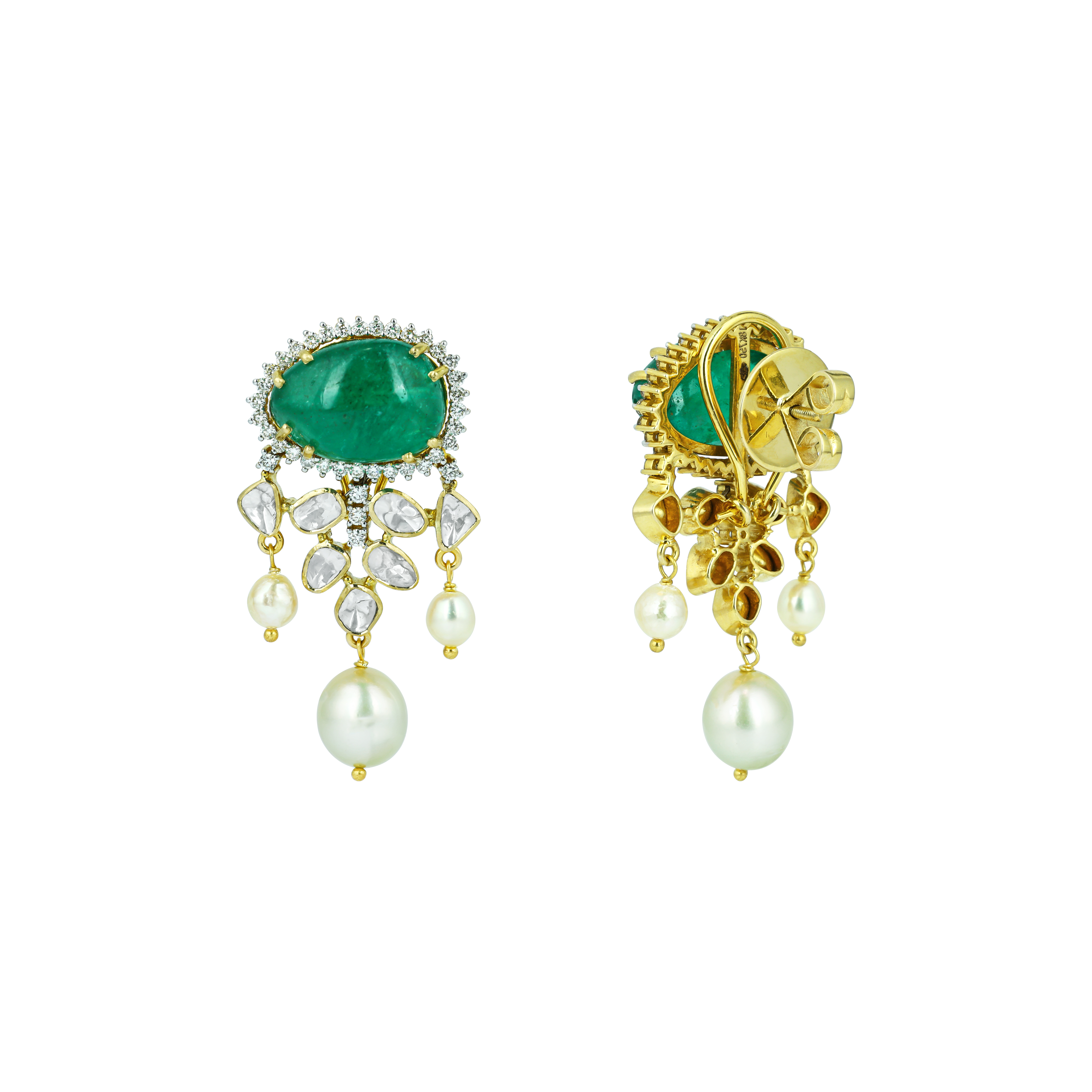 Emerald Earrings with Diamond Halo and Southsea Pearl Drops