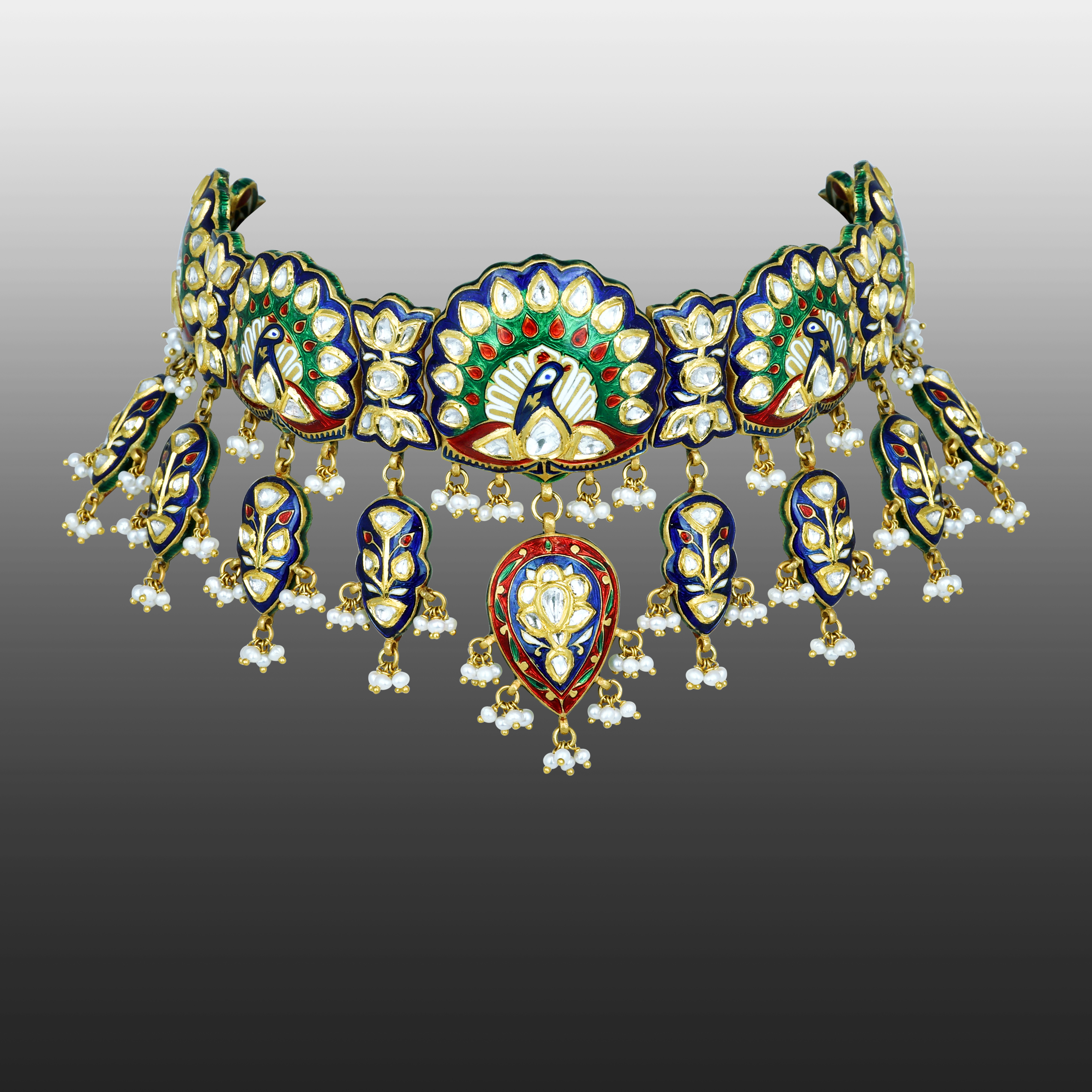 Peacock Motif Choker with Polkis and Enamel Detailing