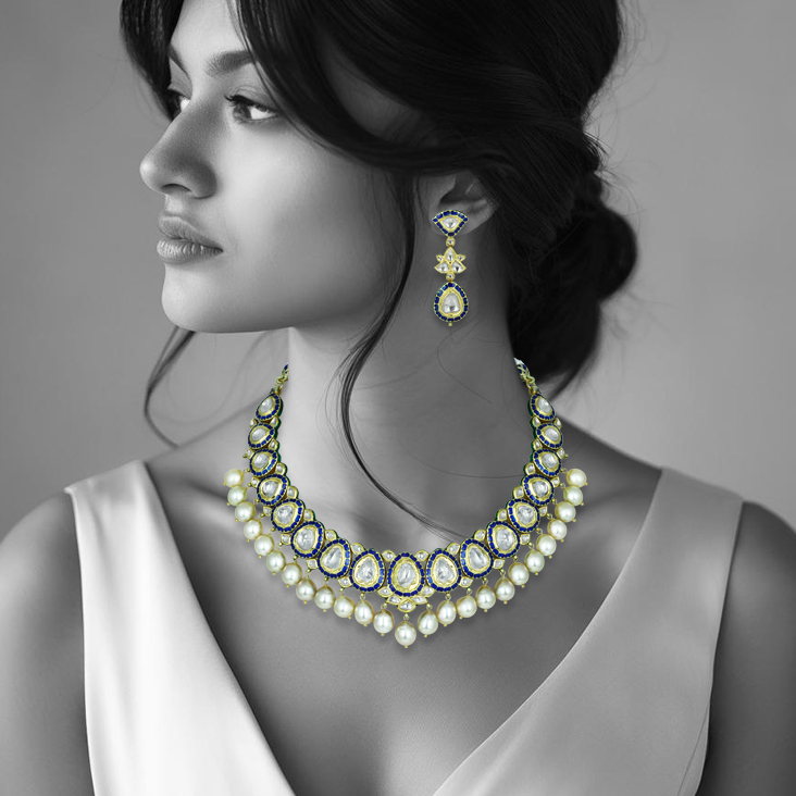 Blue Enamel Polki Necklace with Southsea Pearl Elegance