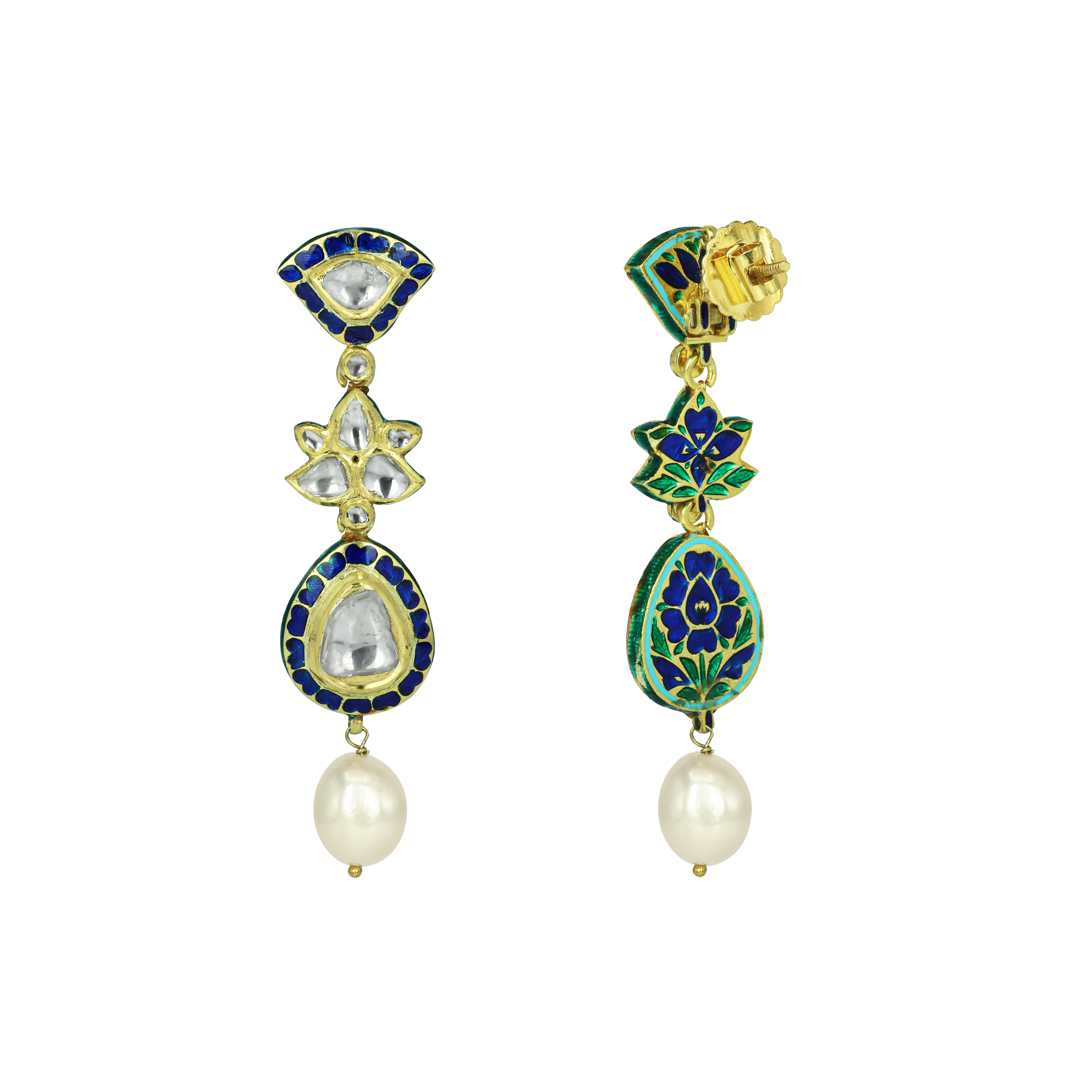 Teardrop Polki Earrings with Deep Blue Enamel