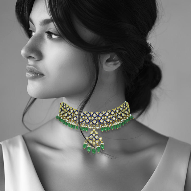 Blue Enamel Polki Choker with Emerald Maniyas and Pearl Clusters