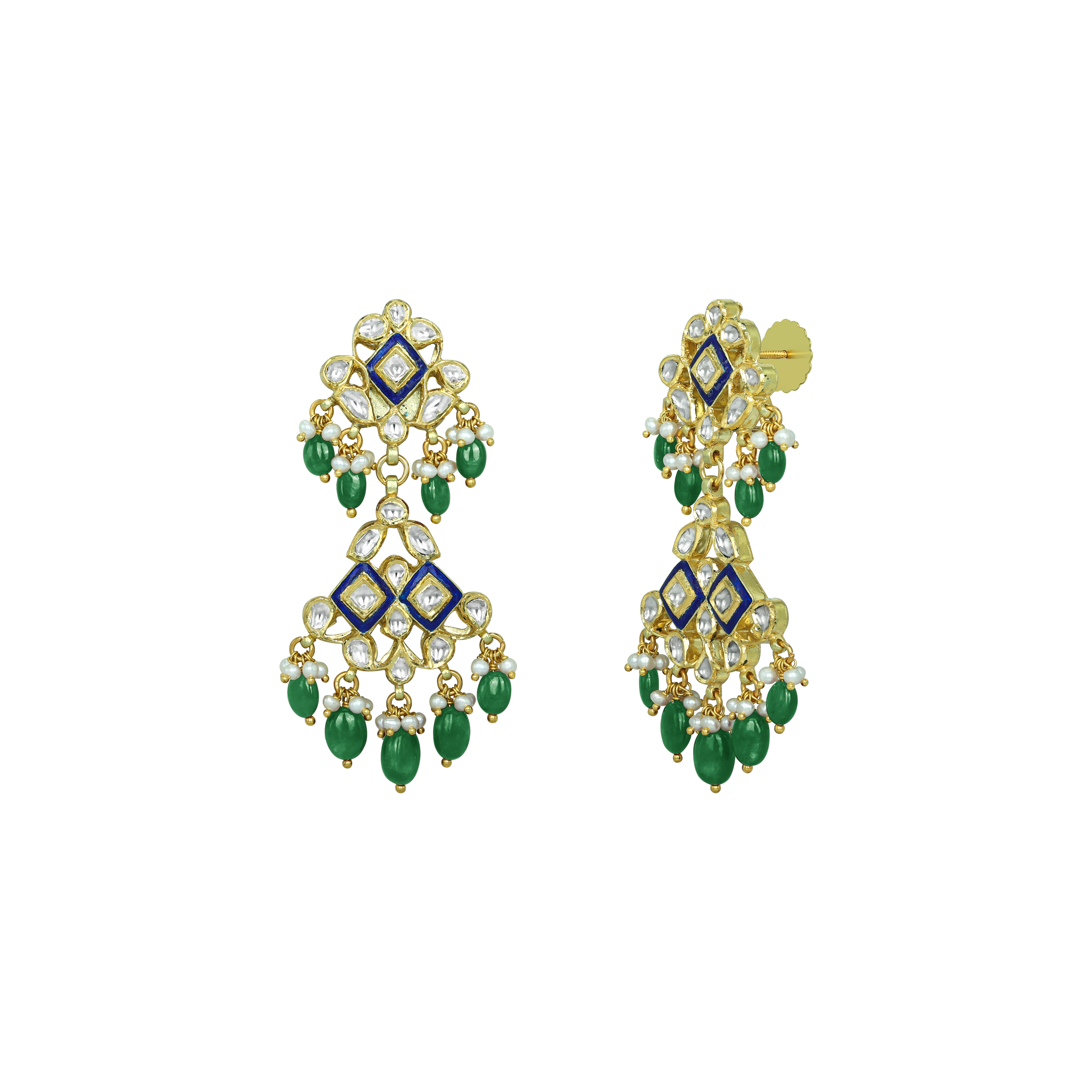 Blue Enamel Polki Earrings with Emerald Maniyas and Pearl Clusters