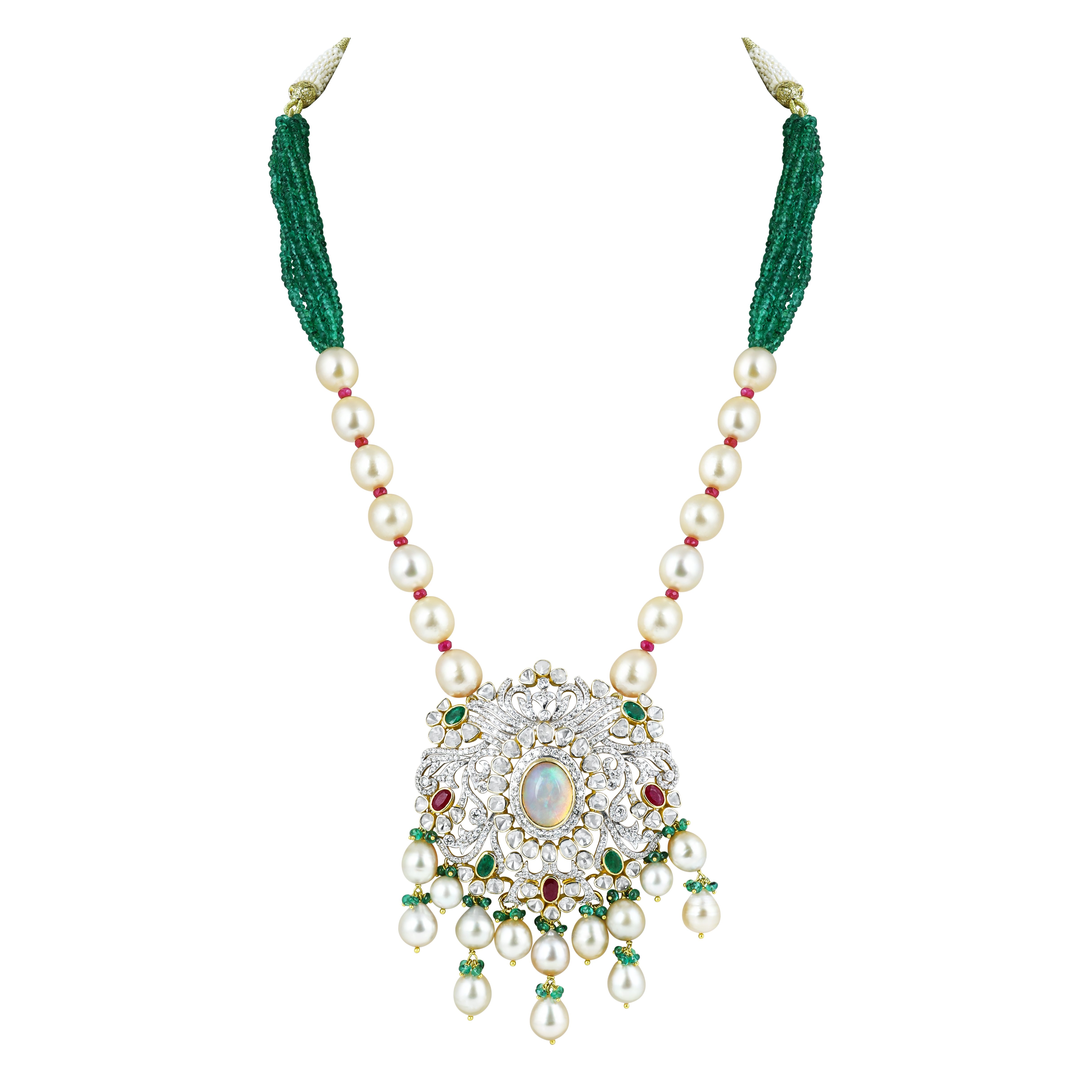 Opal Polki Pendant Necklace with Emeralds and Pearl Strands