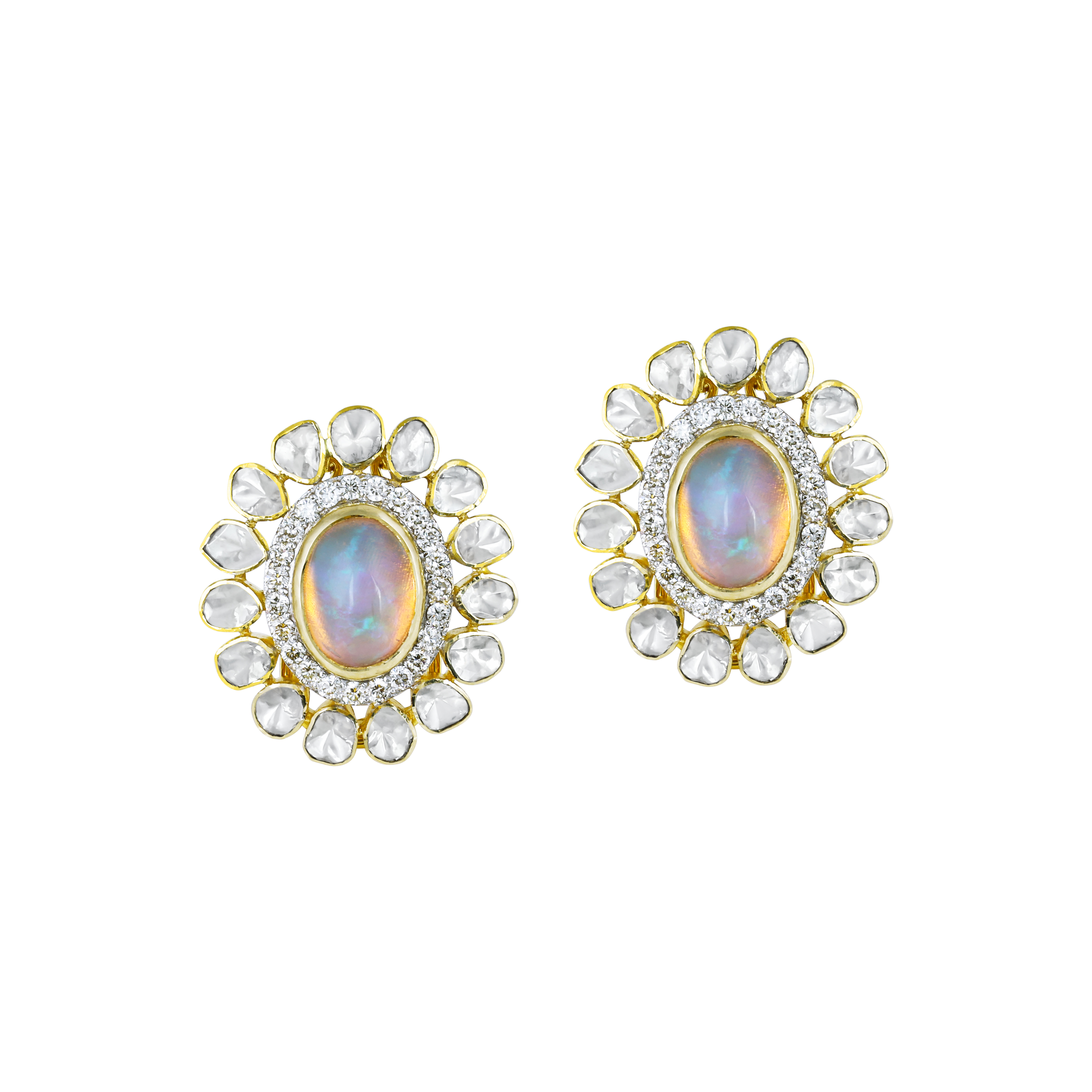 Opal Polki Floral Stud Earrings with Diamond Halo