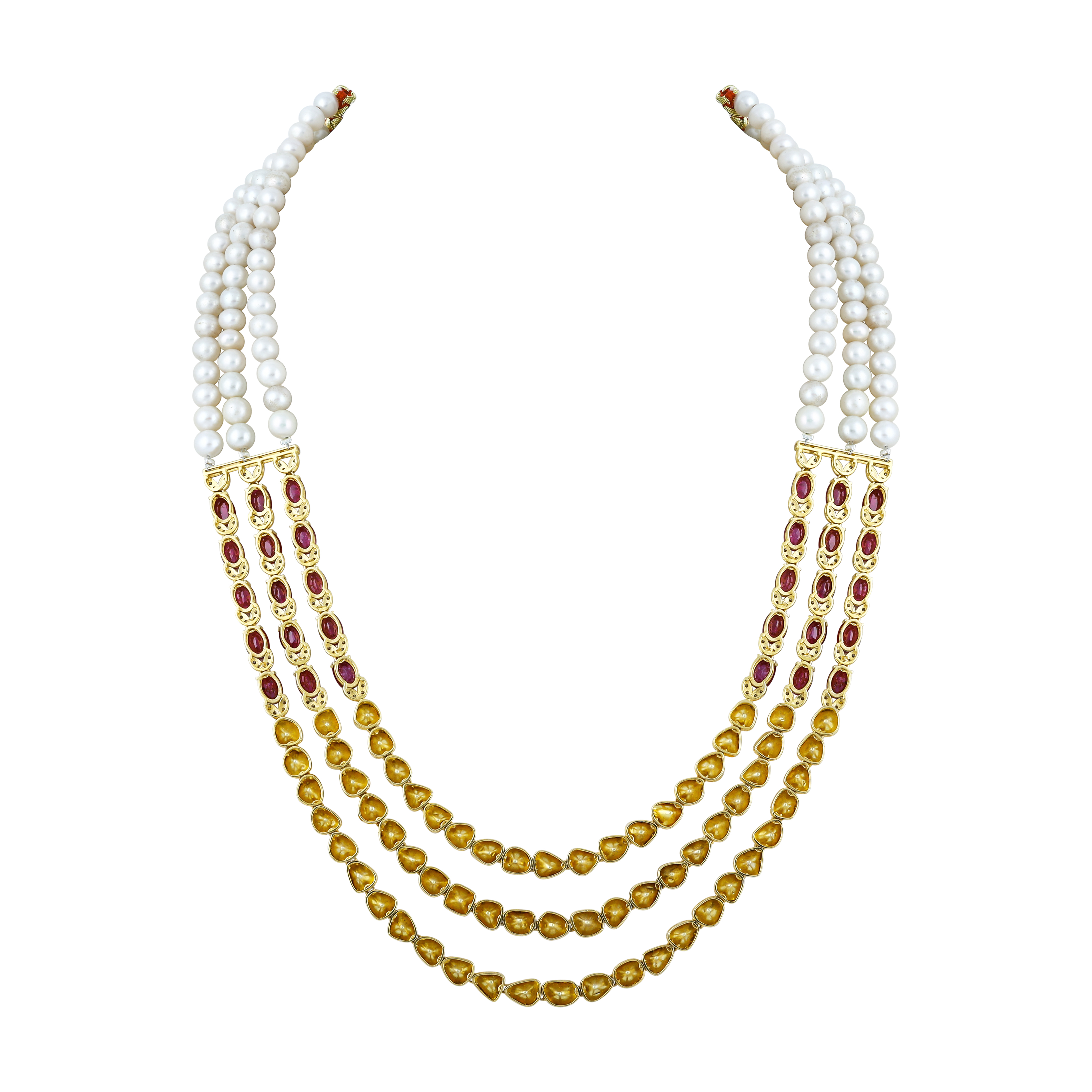 Three-Layer Polki Necklace with Rubies and Pearl Strings