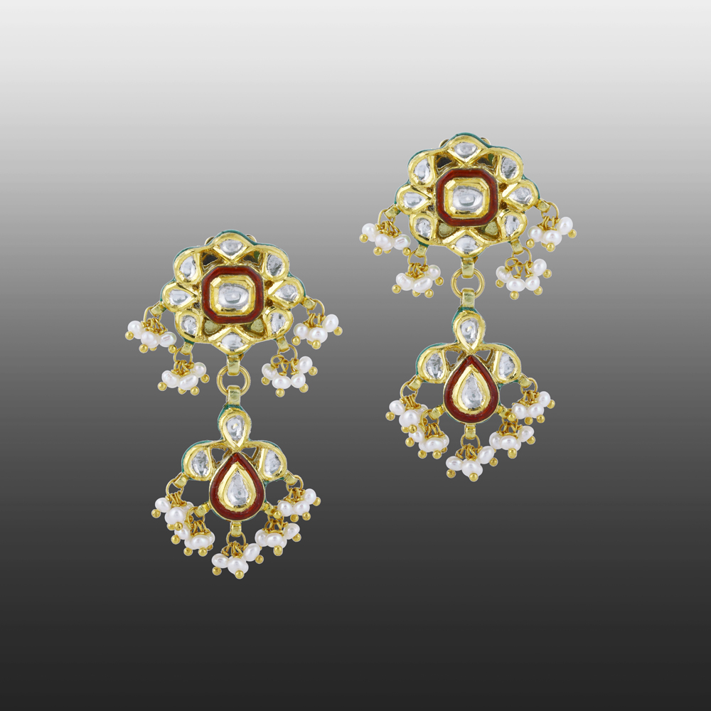 Polki Earrings with Red Enamel and Delicate Pearl Clusters