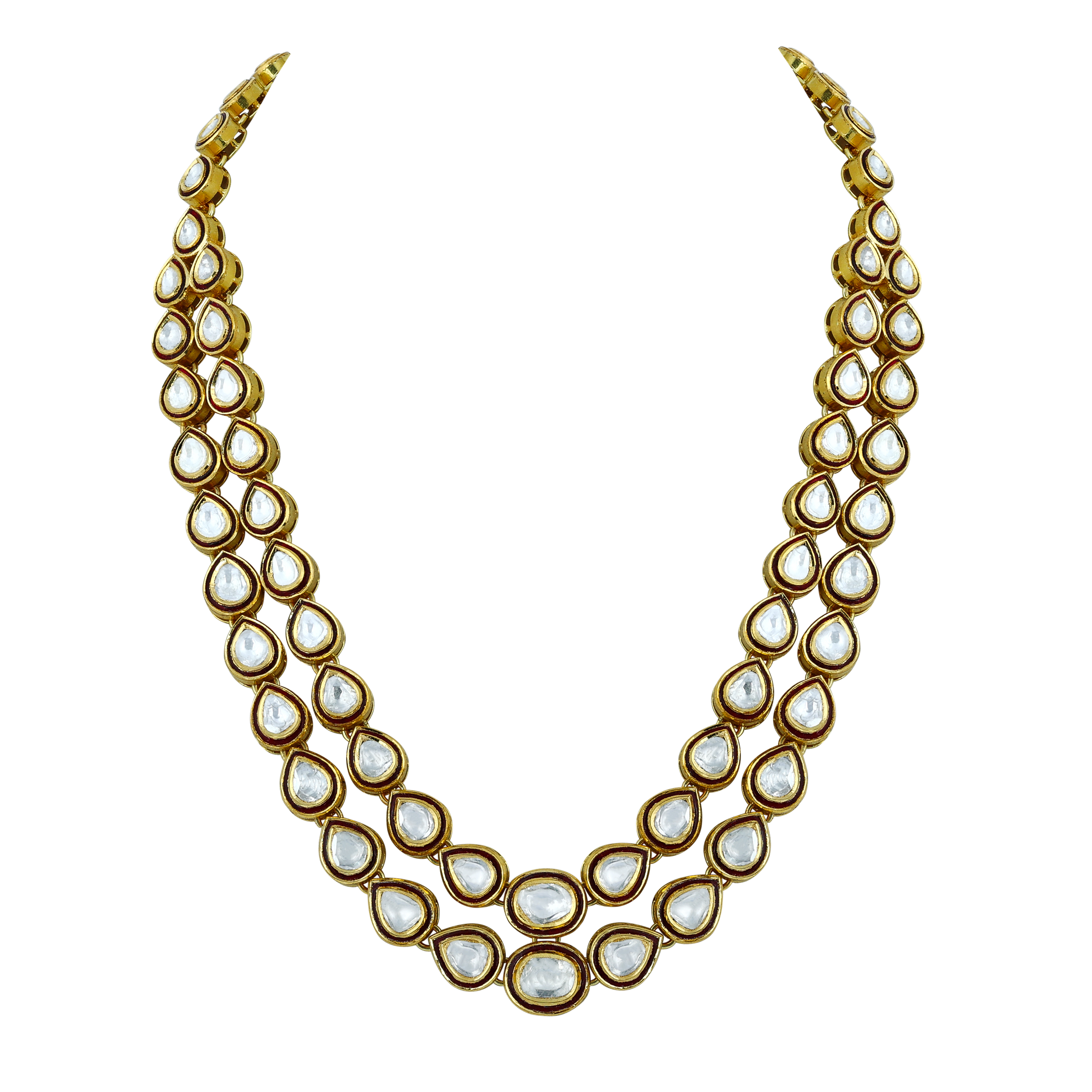 Double-Row Polki Necklace with Red Enamel Border