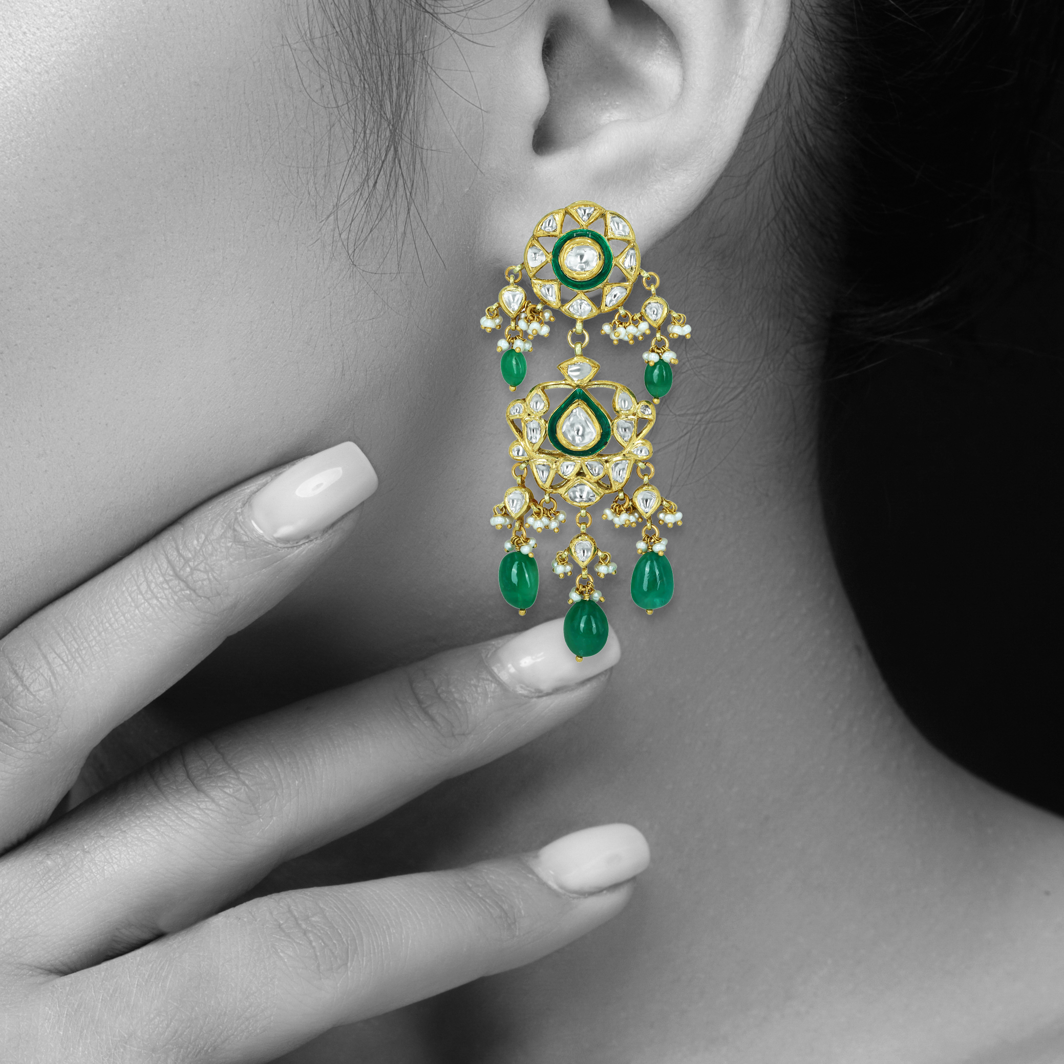 Polki Earrings with Green Enamel and Emerald Drops