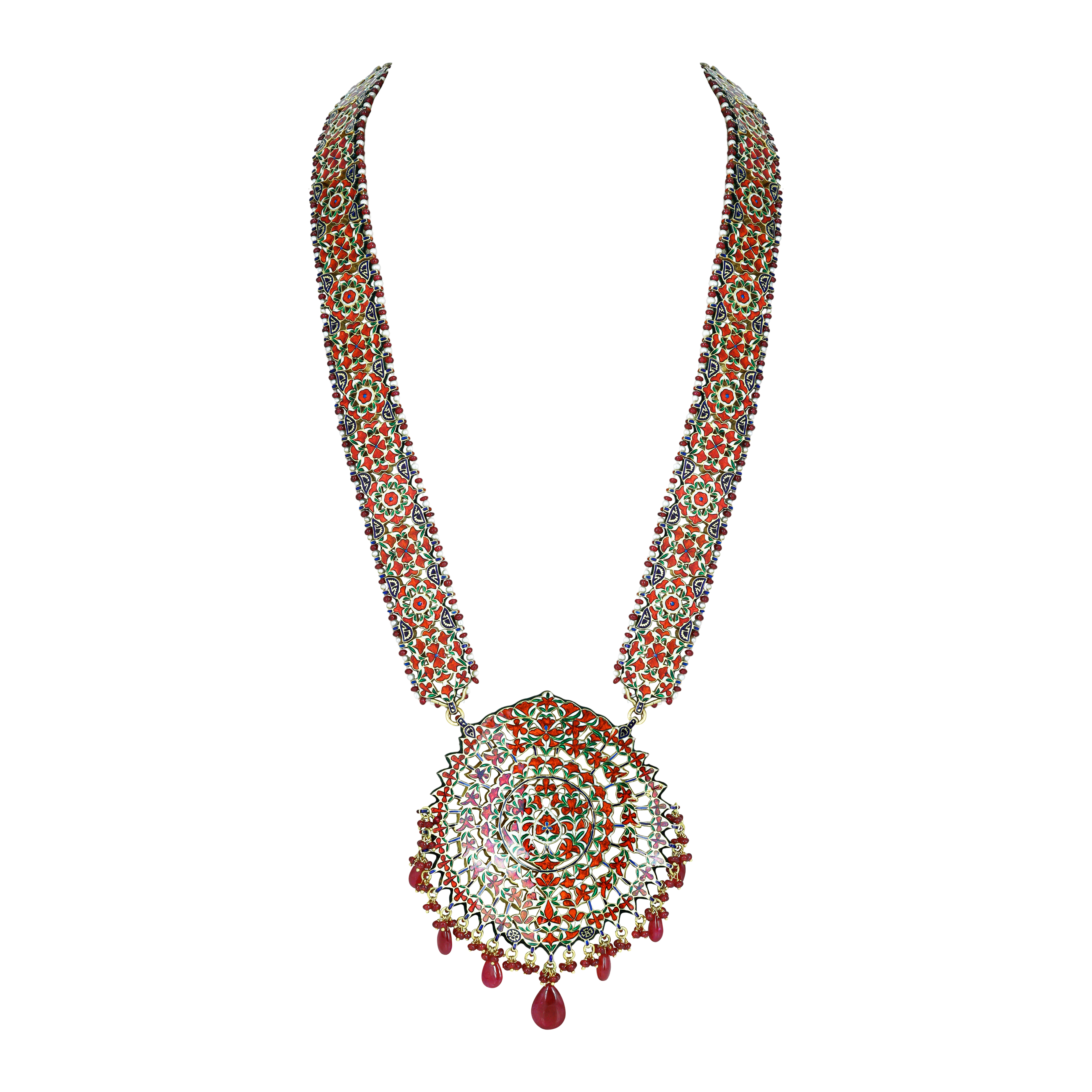 Polki Patri Haar Necklace with Spiral Pendant and Ruby Drops