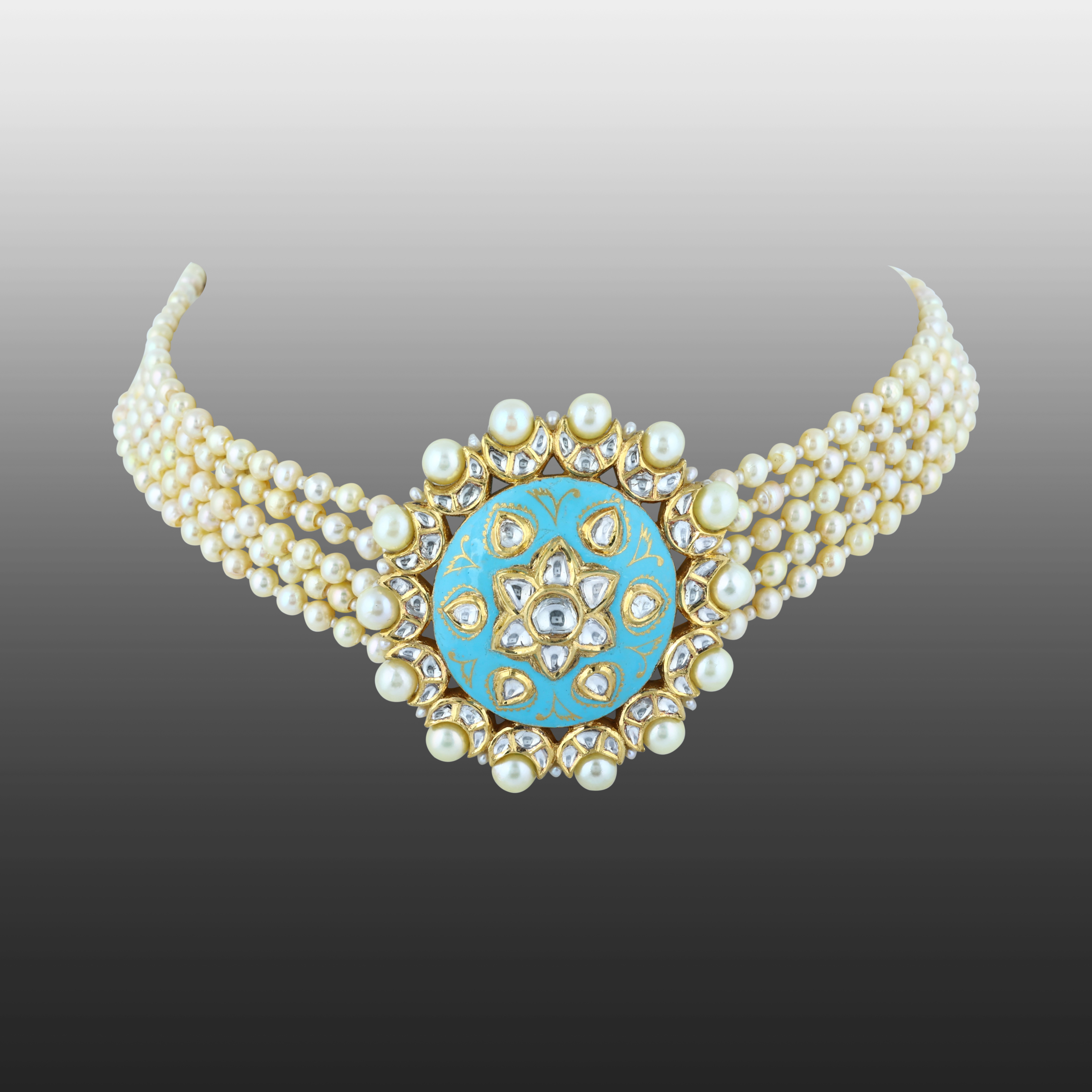 Pearl Choker with Turquoise Enamel and Floral Polki Centerpiece