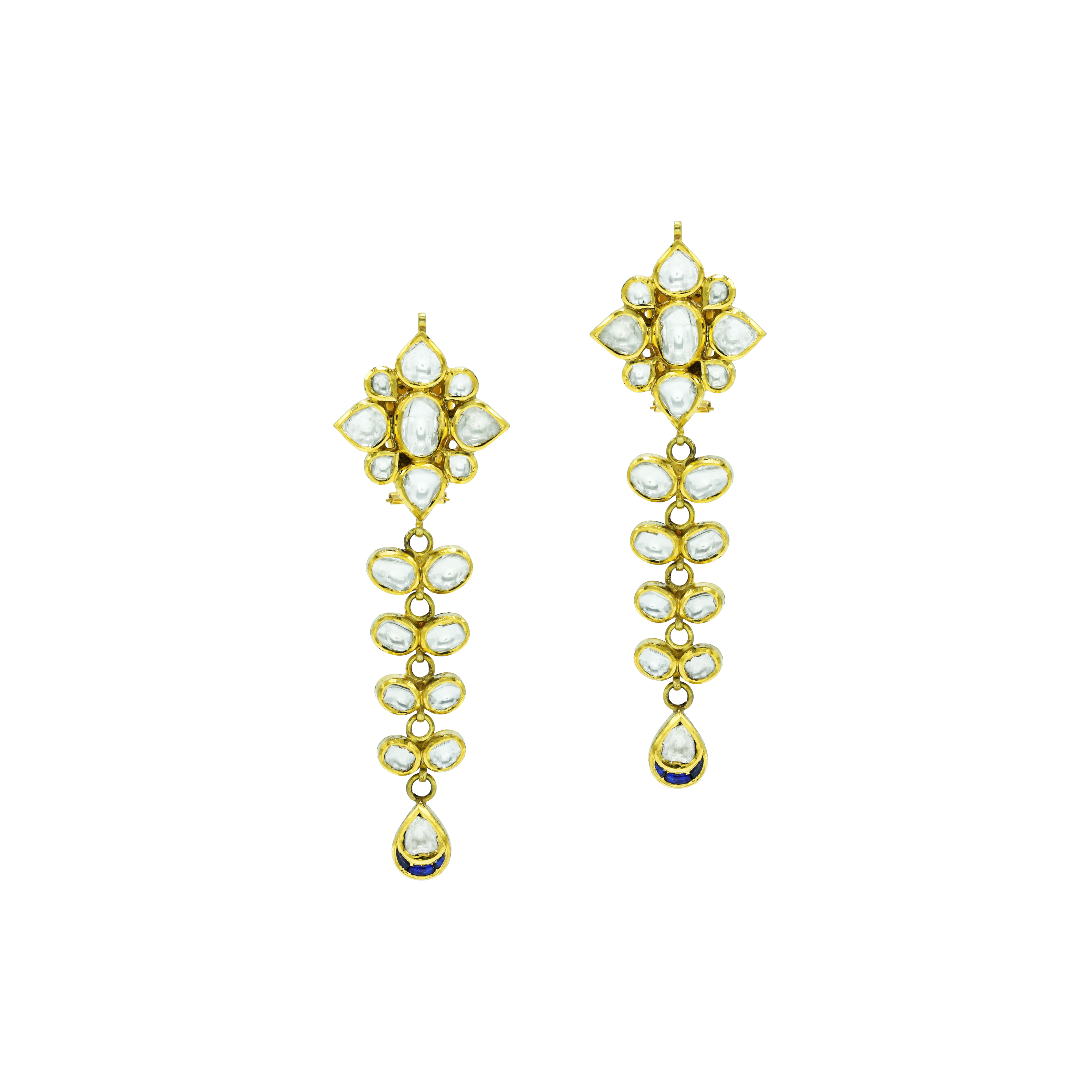 Gold Polki Drop Earrings with Floral Cluster and Teardrop