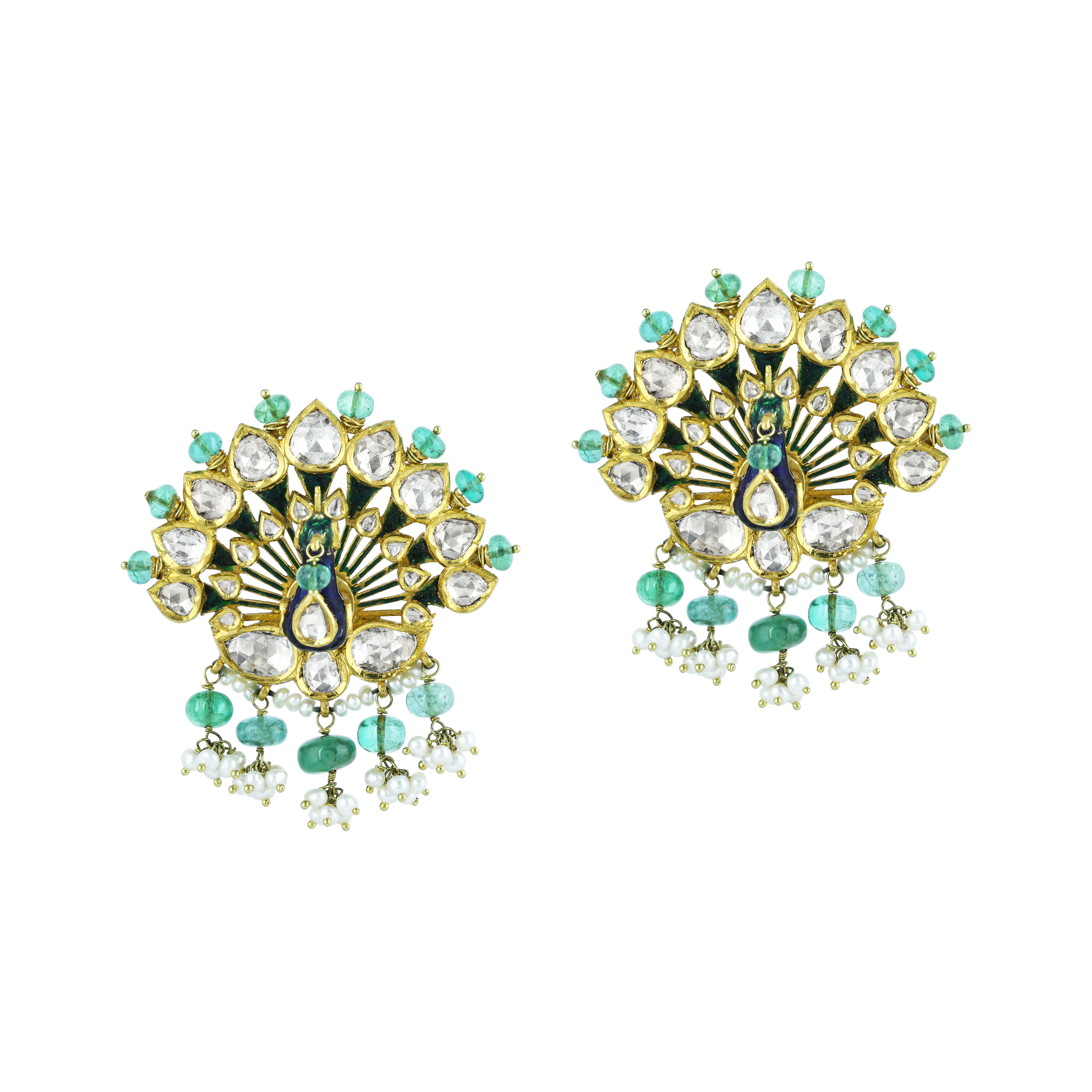 Peacock Polki Earrings with Emerald Beads and Pearl Cluster