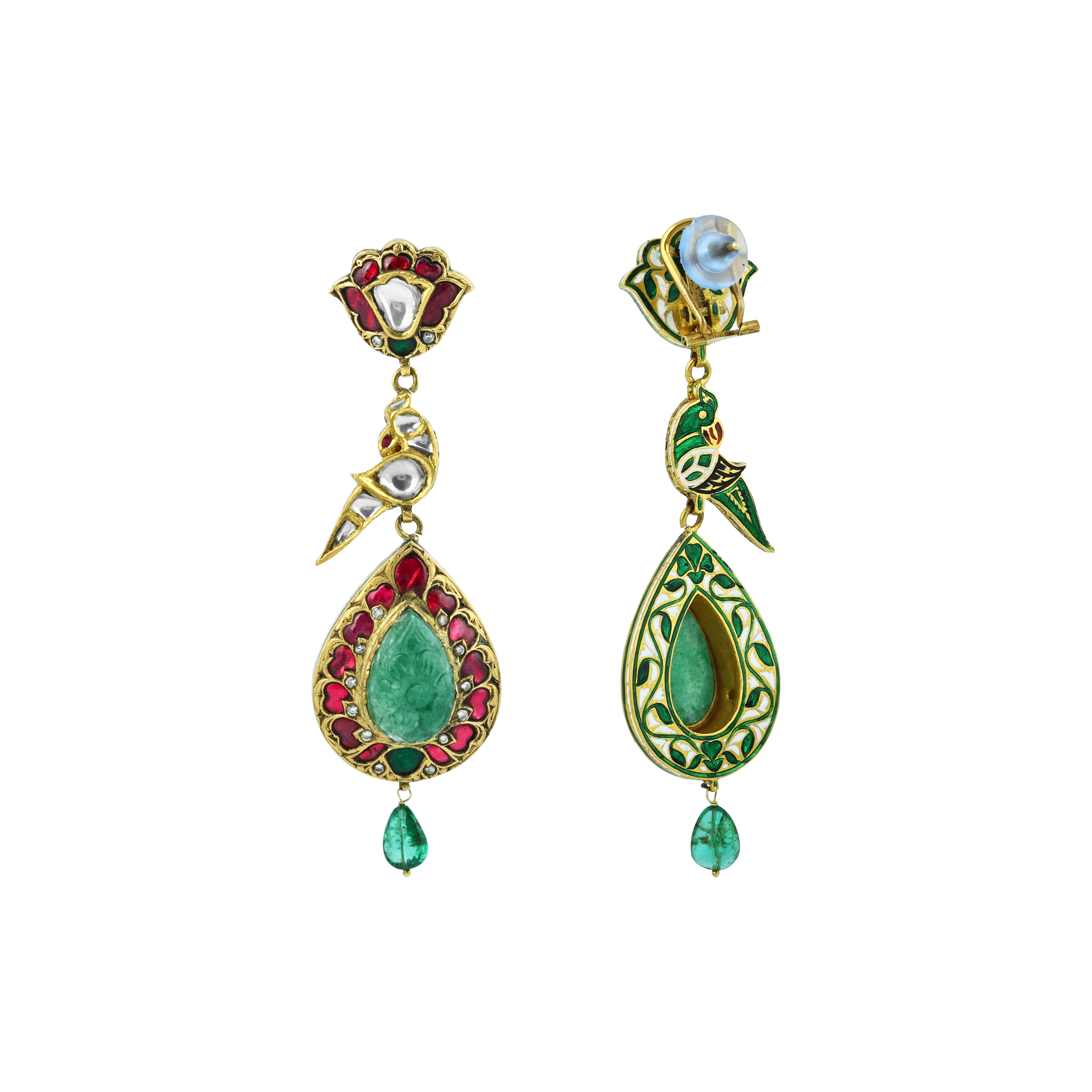 Emerald Bead Necklace Set with Red Talaf Pendant and Polki