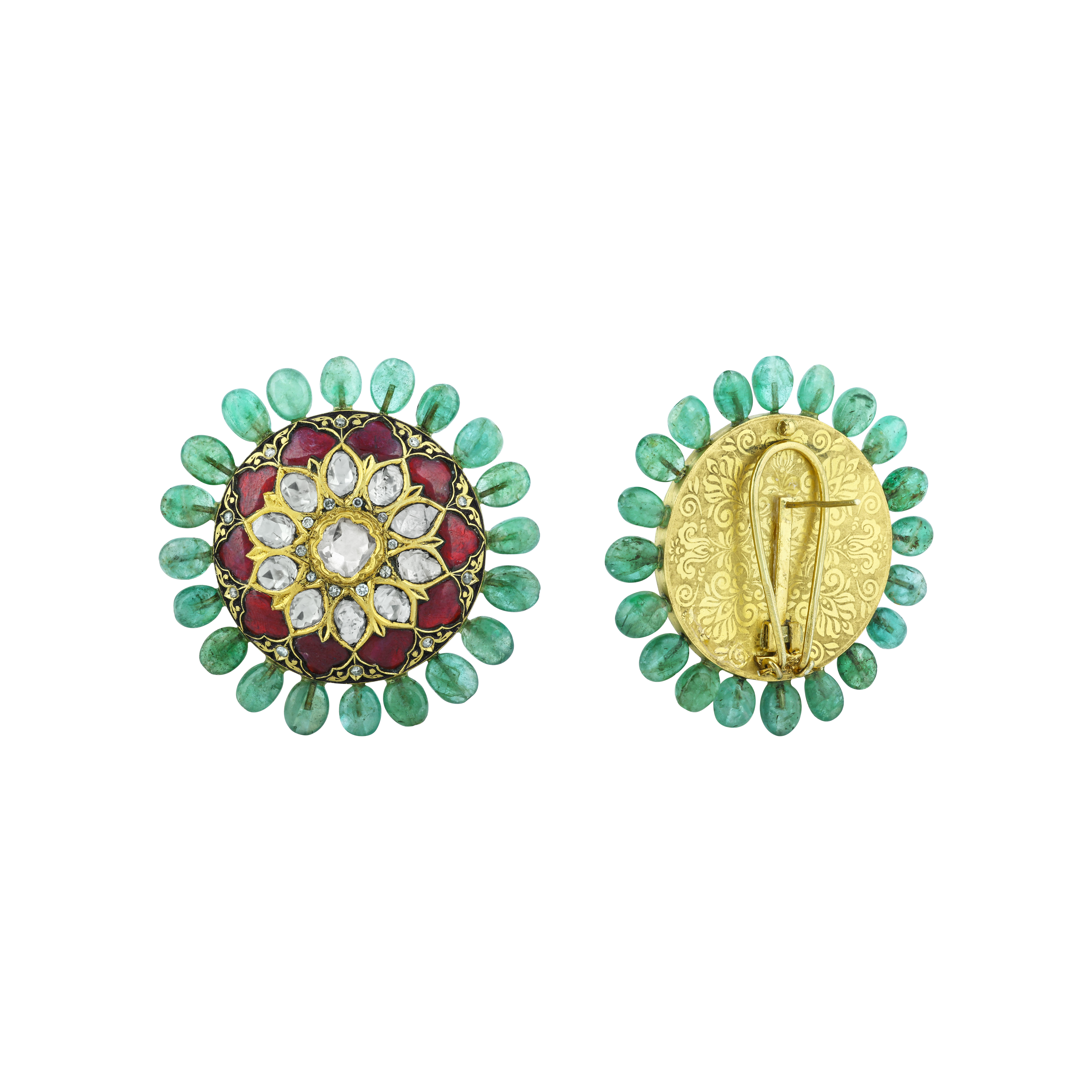 Floral Polki Stud Earrings with Red Talaf and Emerald Studded