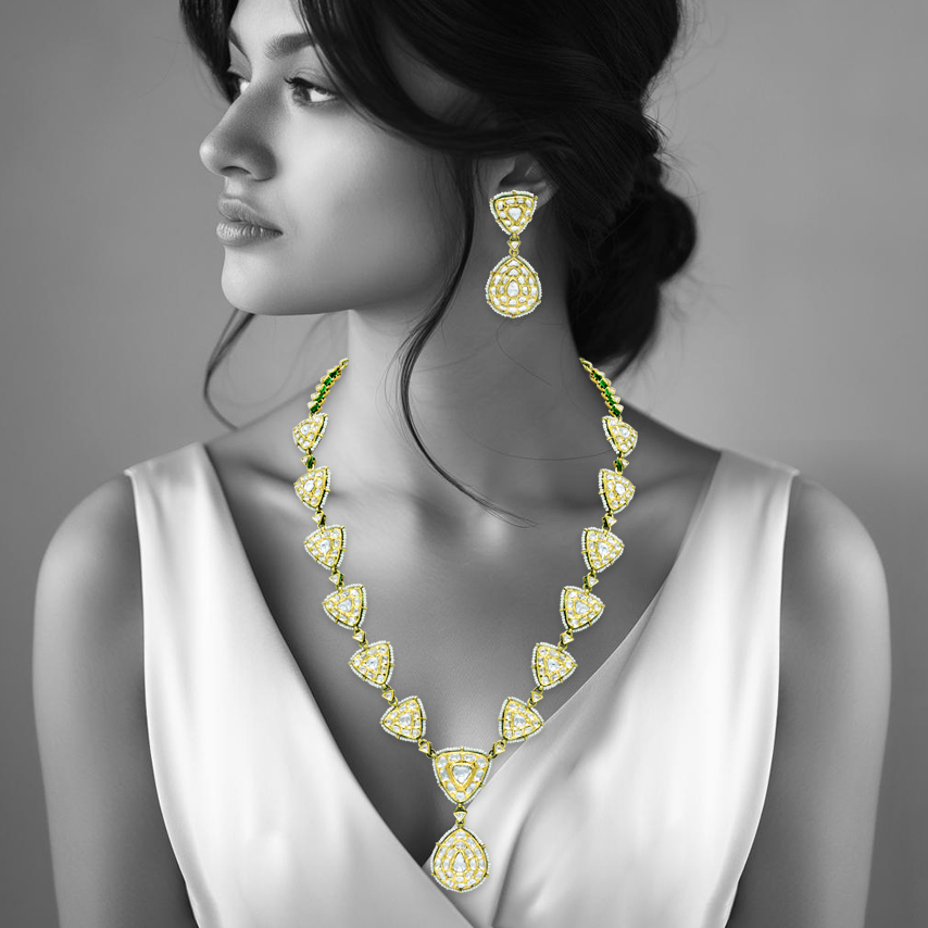 Gold Polki Necklace with Triangular and Teardrop Motifs