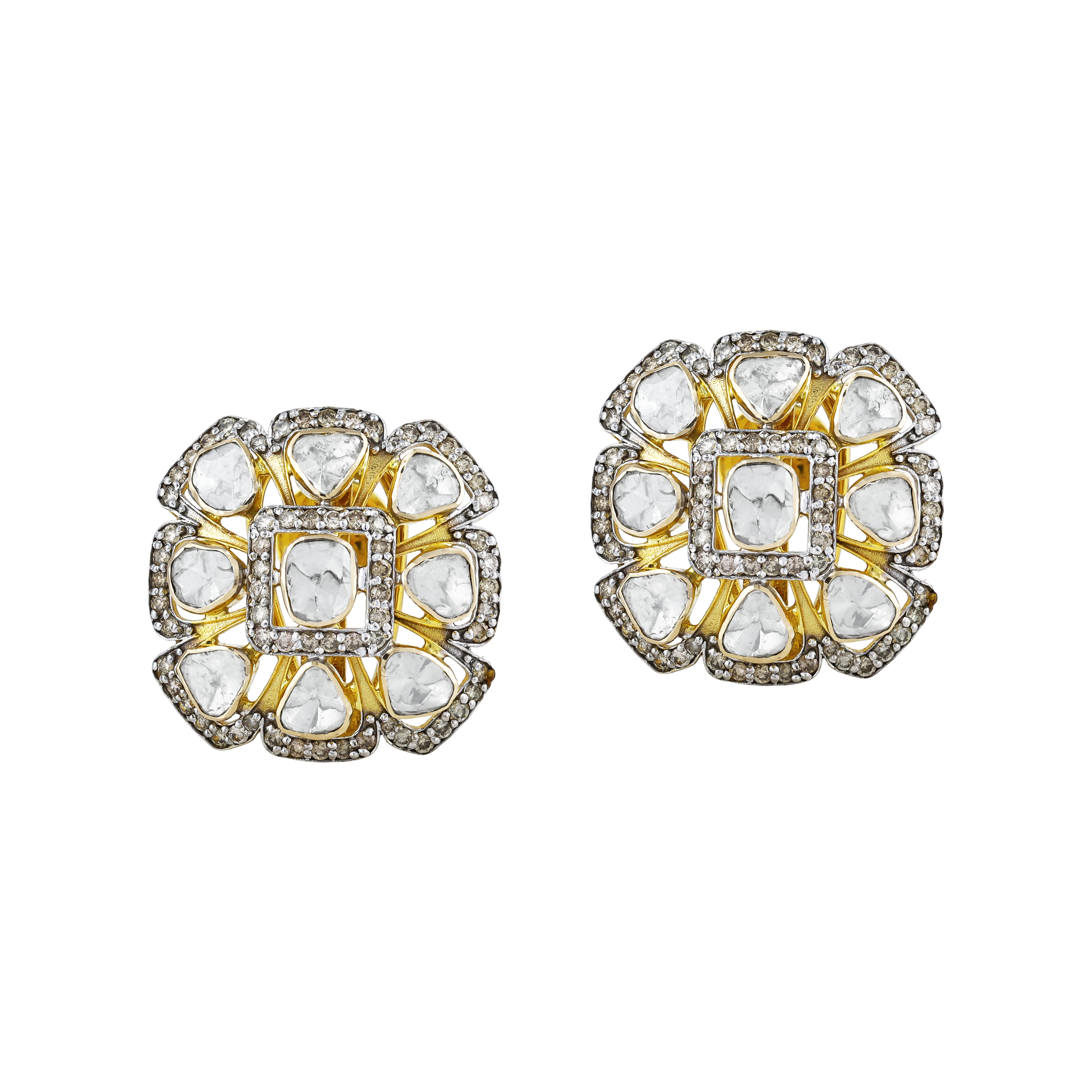 Floral Motif Earrings with Polkis and Diamond Borders