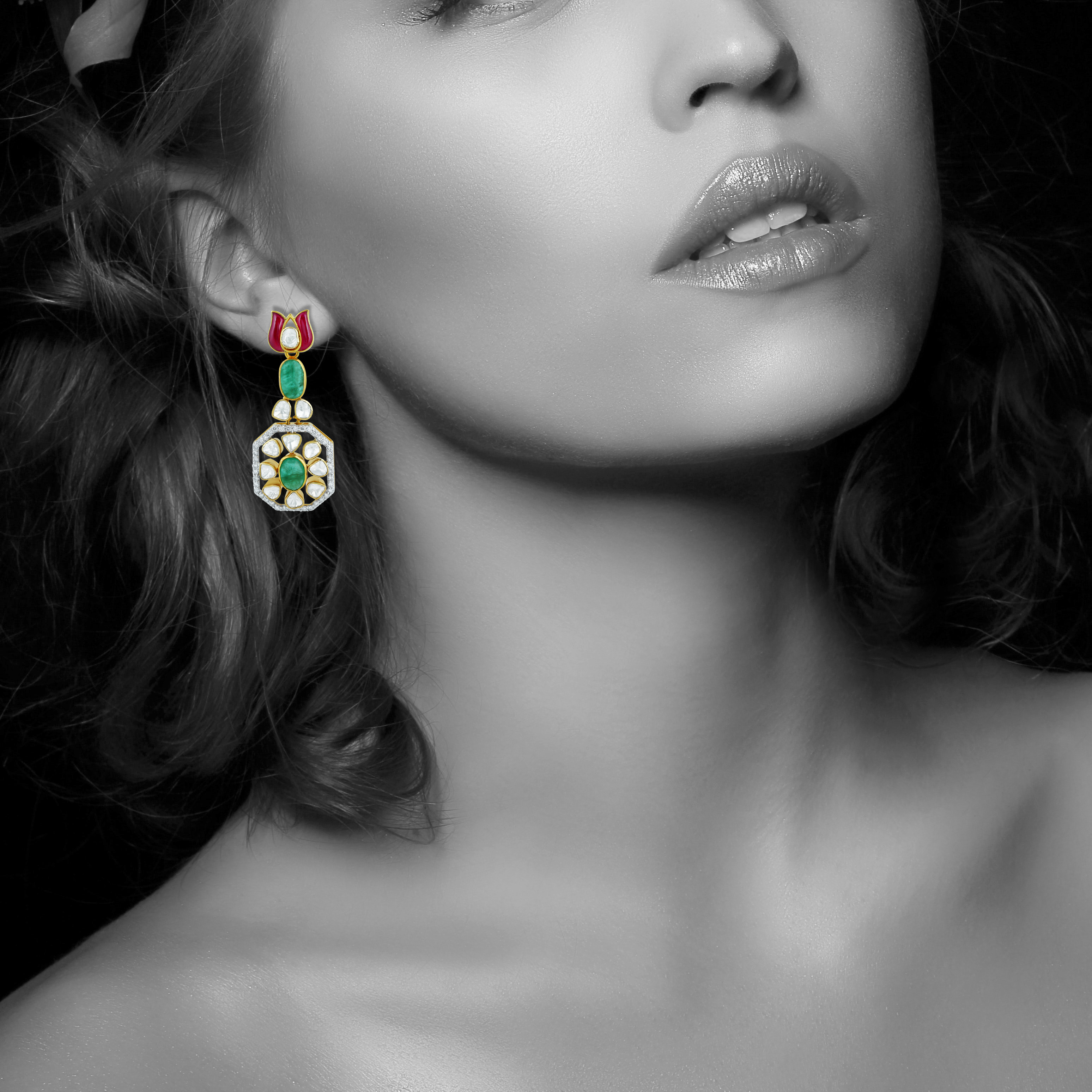 Ruby & Emerald Earrings with Diamond Polki Halo