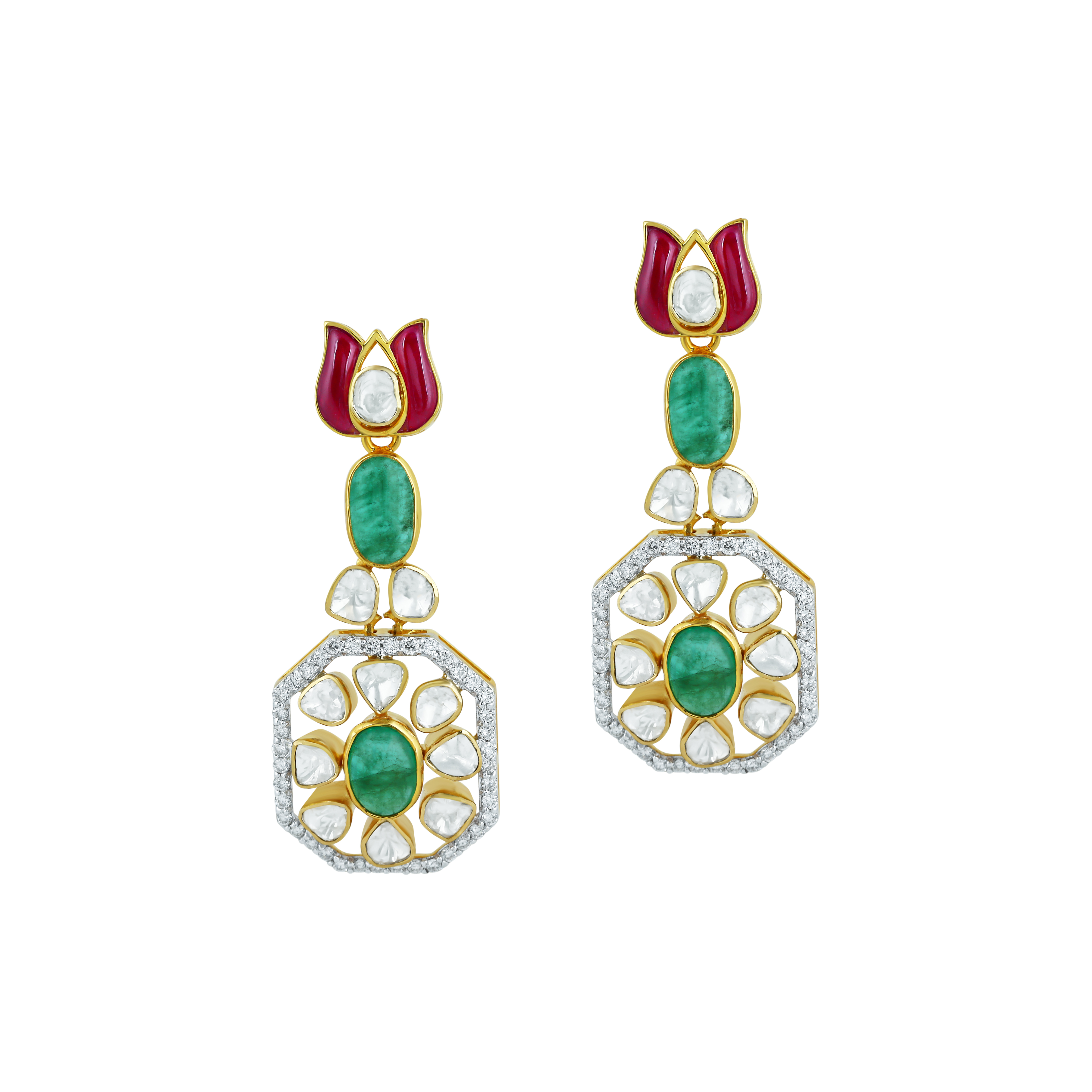 Ruby & Emerald Earrings with Diamond Polki Halo