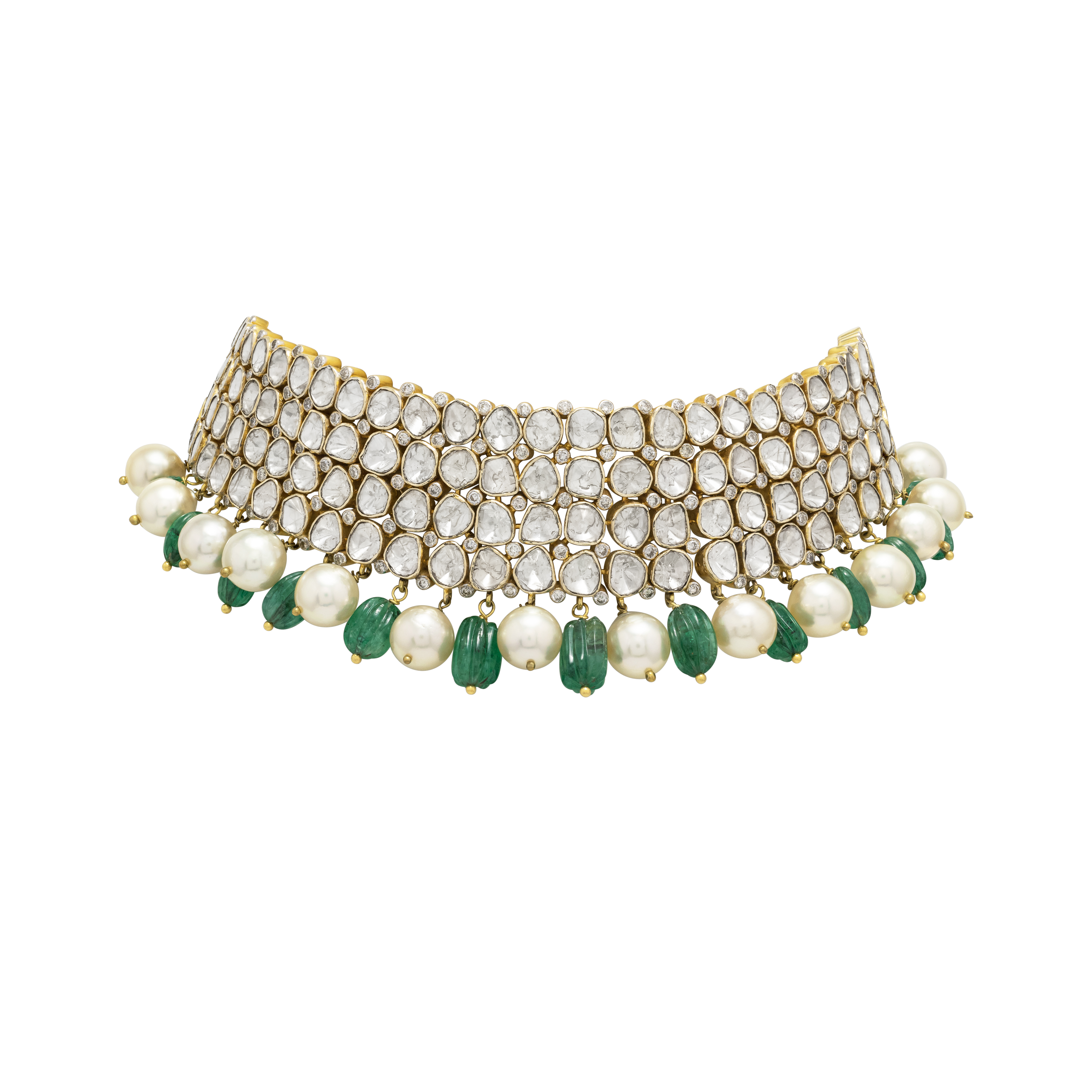 Radiant Diamond Choker with Green Tumble Stones & Pearls