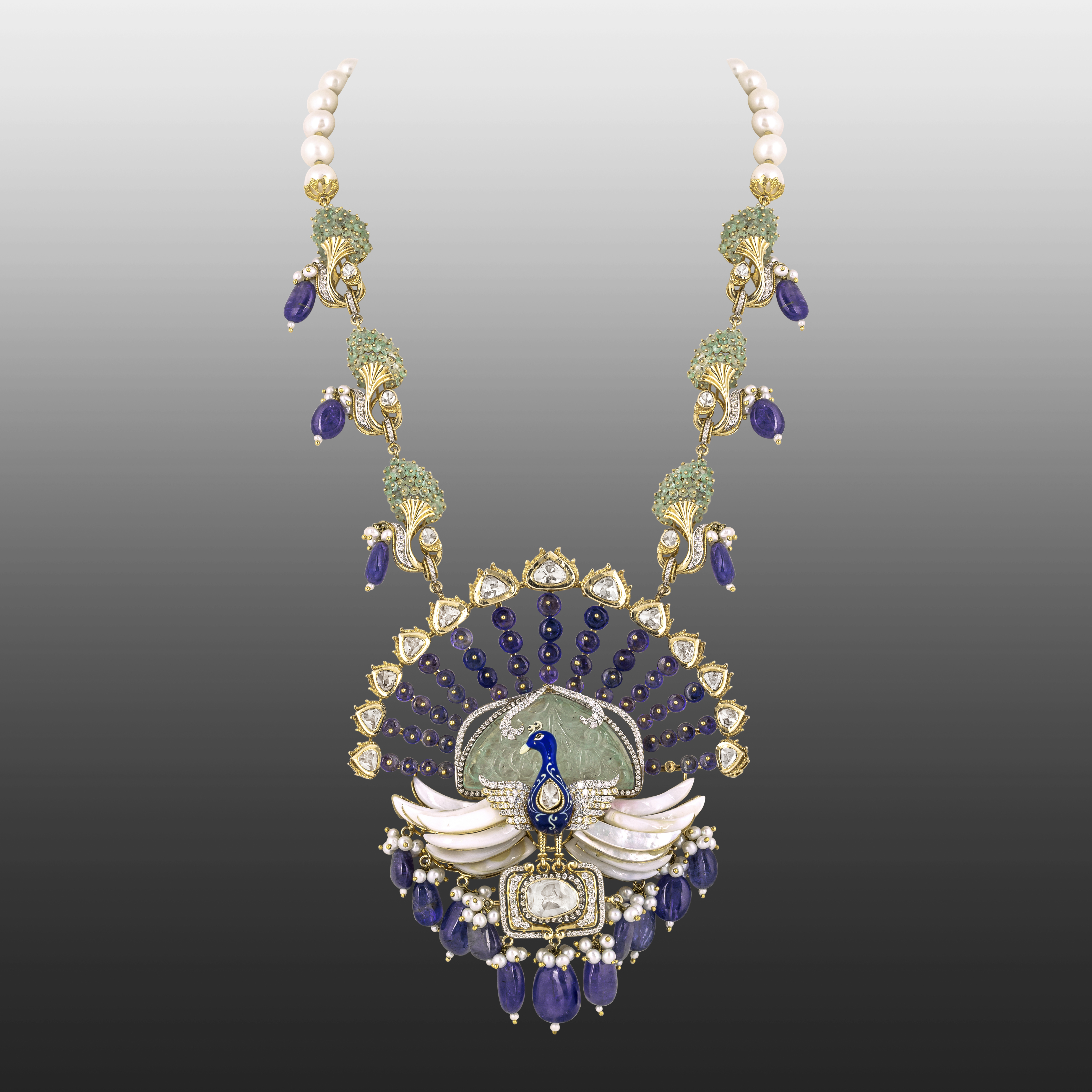 Peacock Pendant Necklace with Tanzanite , Mother of Pearl, Blue Enamel and Carved Stone