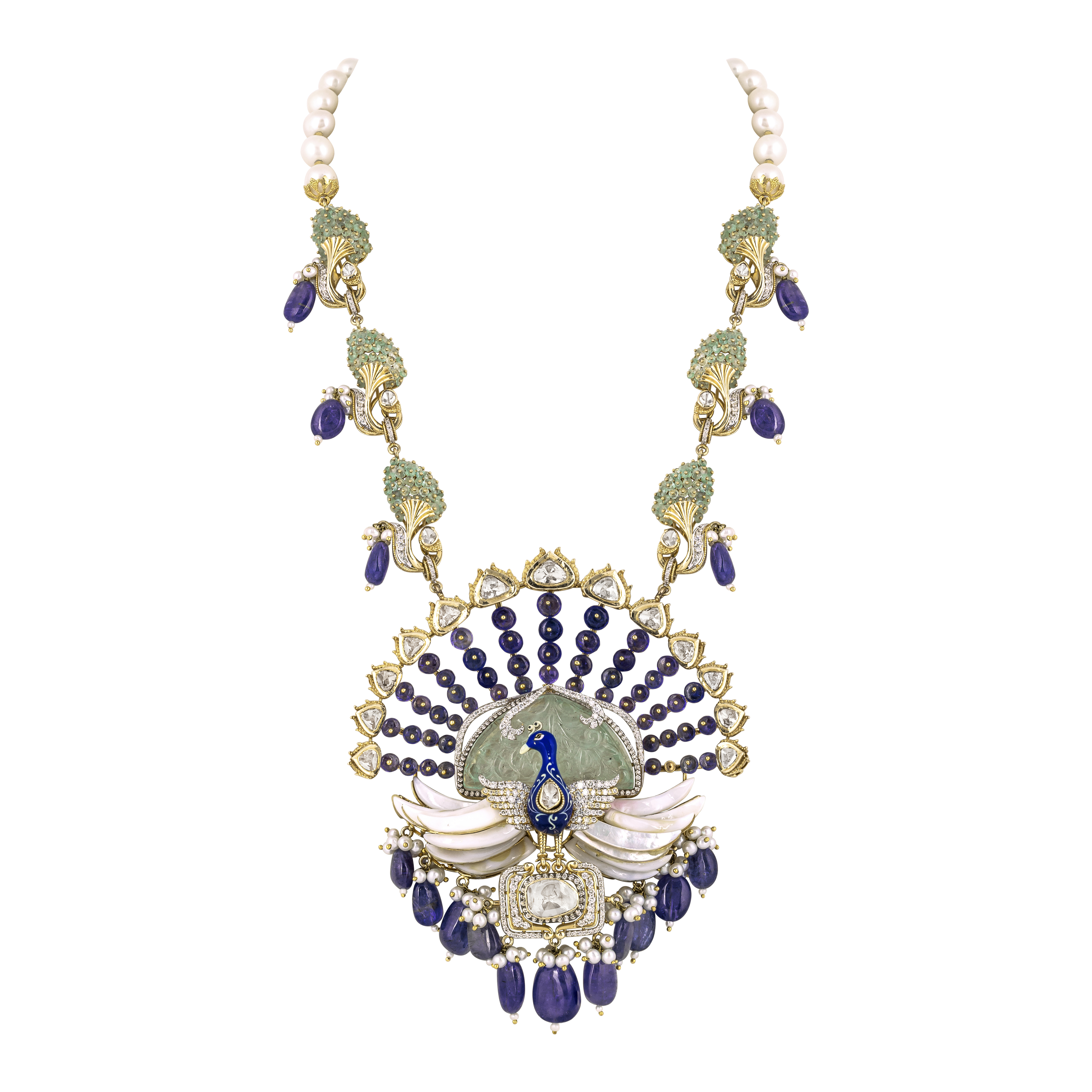 Peacock Pendant Necklace with Tanzanite , Mother of Pearl, Blue Enamel and Carved Stone